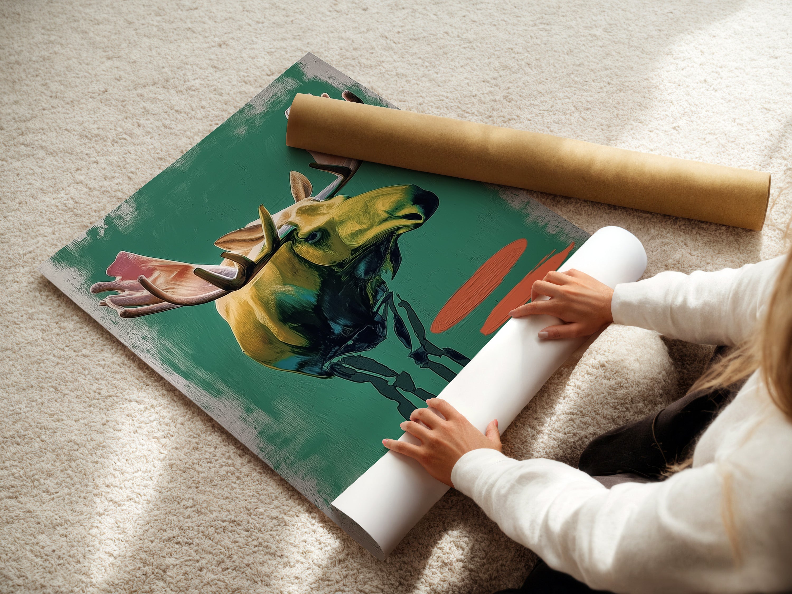 A woman is carefully rolling a fine art poster paper. The poster paper is high-quality and archival-grade. Preserving the artwork for years to come. Perfect for art lovers and collectors. Enjoy the beauty of fine art in your home.