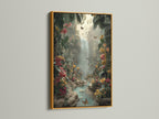 Tropical Waterfall art in a gold frame. The artwork showcases a stunning jungle paradise with a waterfall and butterflies. The gold frame adds a touch of elegance and warmth. Bring the beauty of nature into your home with this eye-catching piece. Perfect for adding a luxurious feel.