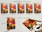 Available options for art prints are displayed. Stretched canvas prints fine art poster paper and floating frames are the options. Each option offers a unique way to display the colorful floral artwork. These options cater to different styles and preferences. A good piece of art.