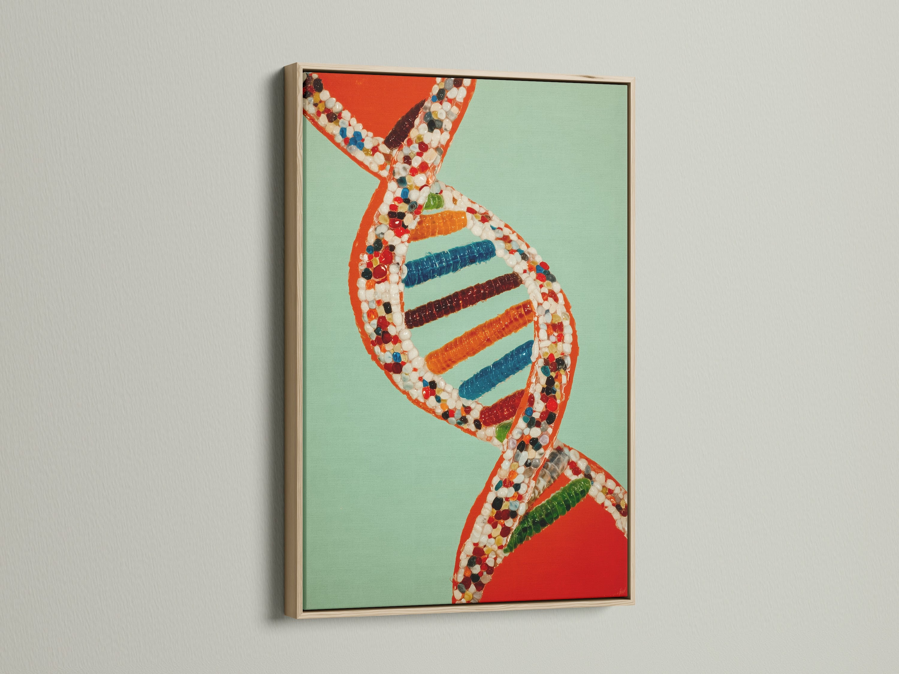 DNA molecule science art in an oak frame. This colorful chromosome artwork makes great biology wall art. It is perfect for genetics decor and as a gift for scientists. It is ideal for modern wall art in a minimalist style
