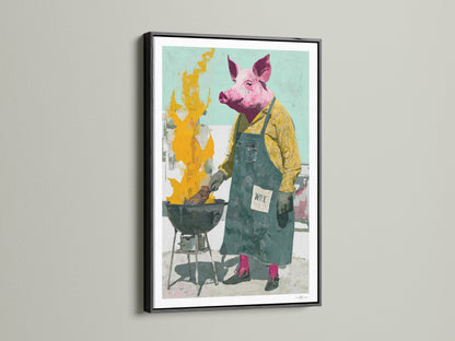 The Pig Chef artwork is striking in a black frame. The dark frame creates a bold contrast with the artwork. It draws the eye and adds a touch of sophistication. Black frames are timeless and elegant.