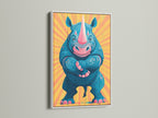 A vibrant rhino artwork is displayed in a clean white frame. This frame creates a striking contrast. This modern artwork is ideal for kids wall art or nursery decor. Its playful design makes it perfect for a playroom. Discover animal prints today.