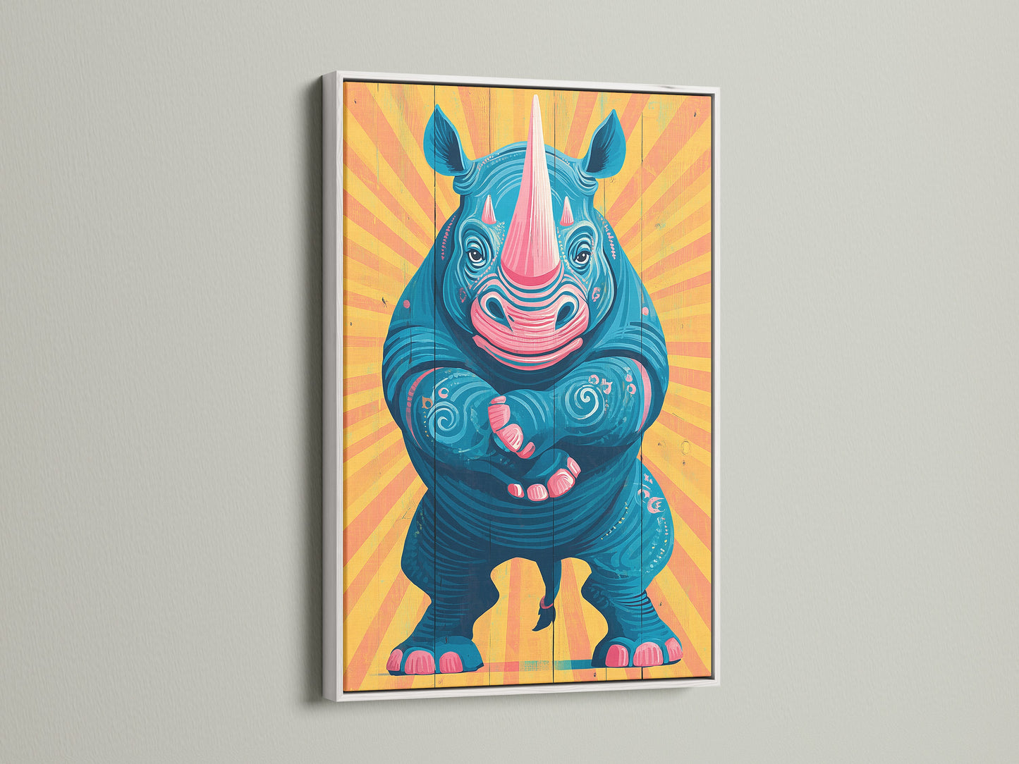 A vibrant rhino artwork is displayed in a clean white frame. This frame creates a striking contrast. This modern artwork is ideal for kids wall art or nursery decor. Its playful design makes it perfect for a playroom. Discover animal prints today.