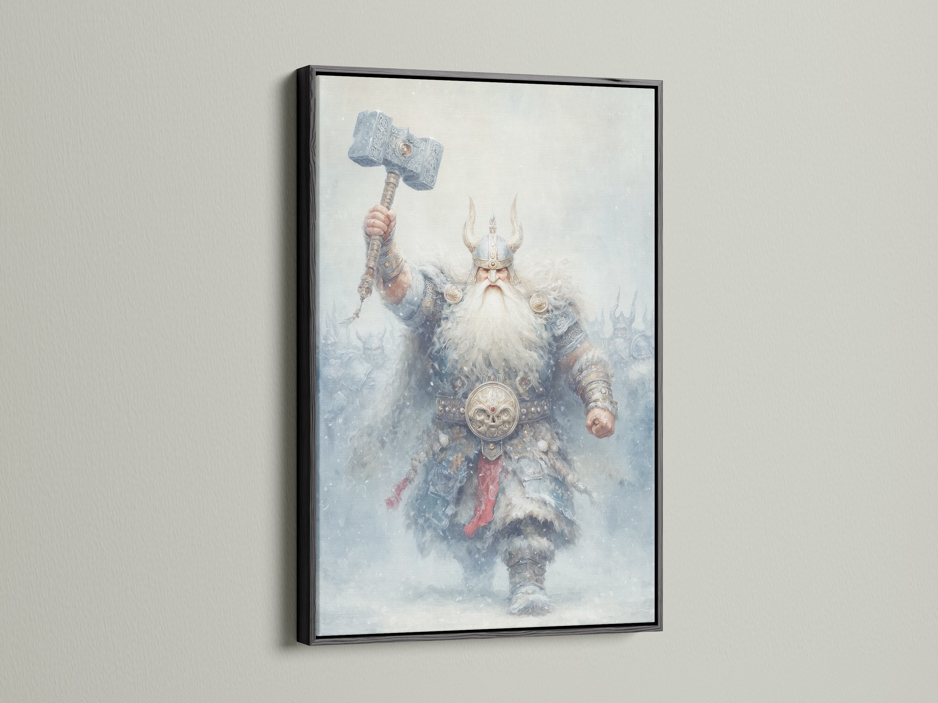 The Viking Warrior canvas print is displayed in a sleek black frame. This Norse Mythology art makes a statement. It is suitable for game room decor. This fantasy artwork is perfect for man caves and themed spaces. The black frame gives a modern touch.