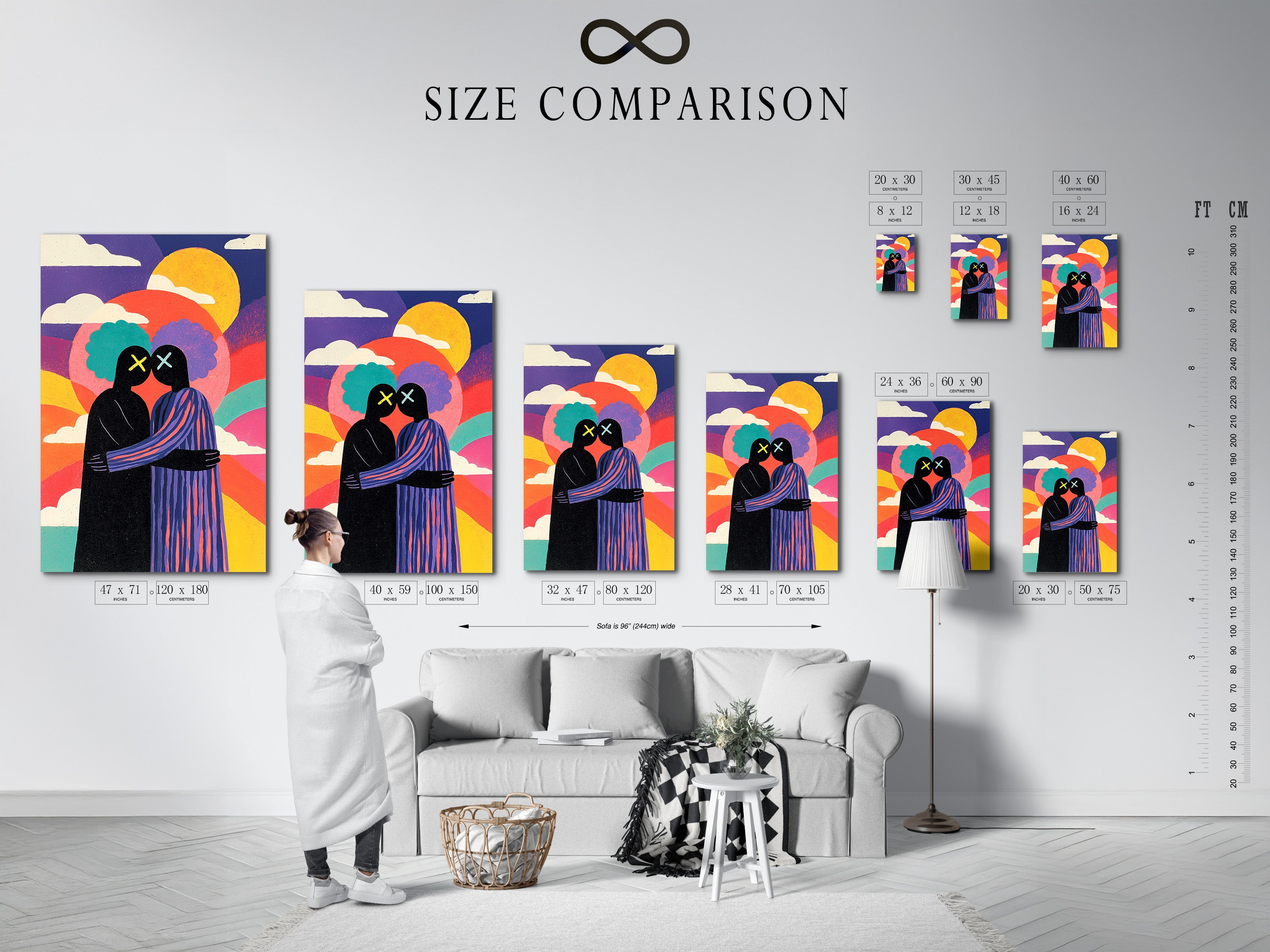 A size comparison chart in a modern interior setting. The chart illustrates available art print sizes. Helping customers visualize the dimensions. This chart makes selecting the right size easy. See our size options.