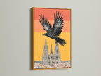 This gothic raven artwork is framed in gold. It brings a touch of opulence to any space. This black bird cathedral canvas print is perfect for dark academia art enthusiasts. It enhances gothic poster collections and adds a unique gothic touch to your home.