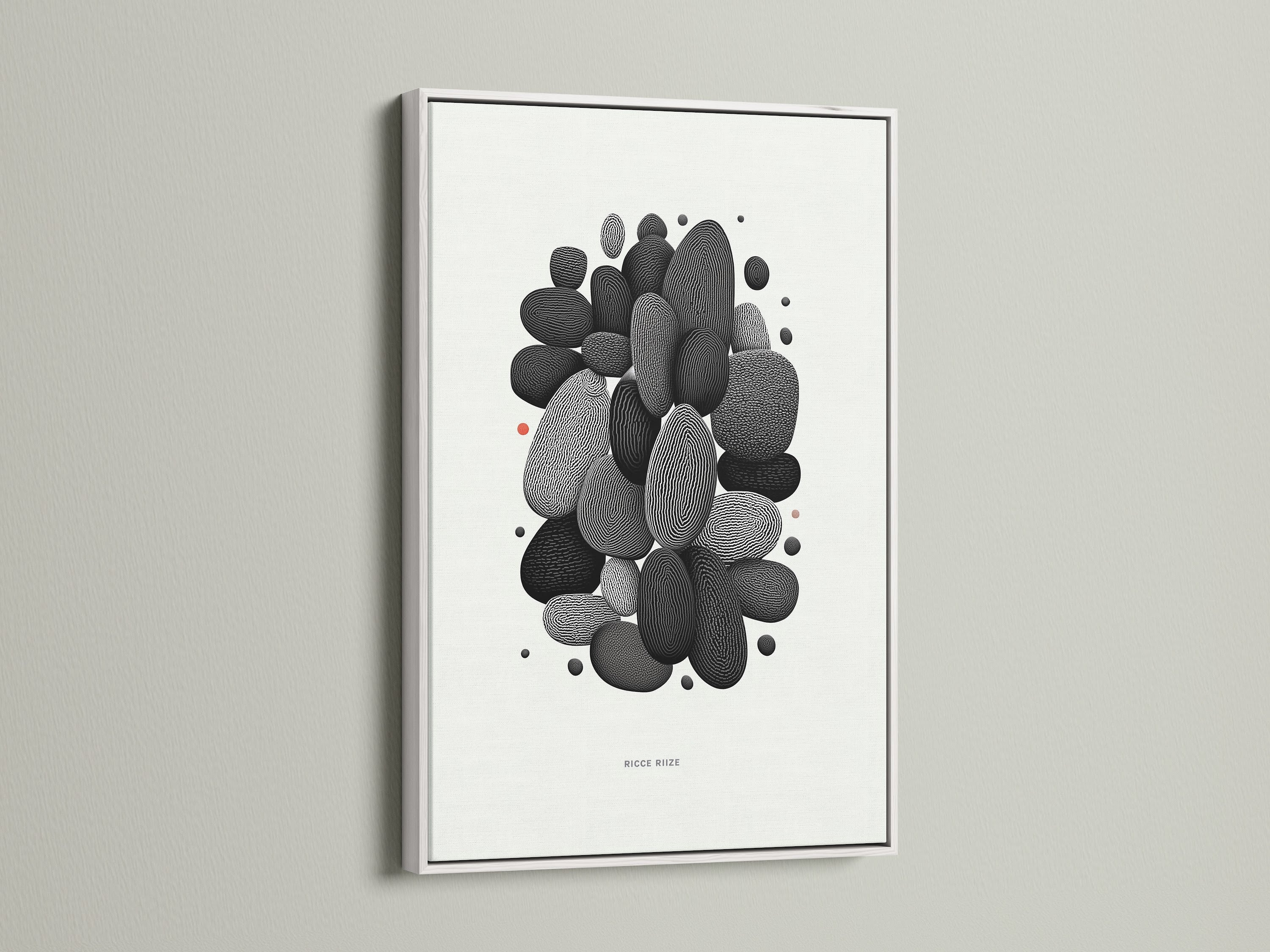 Abstract Pebble artwork in a white frame. This minimalist black and white art enhances any space. Perfect modern artwork for home or office. Its clean lines and neutral tones suit contemporary and Scandinavian interiors.