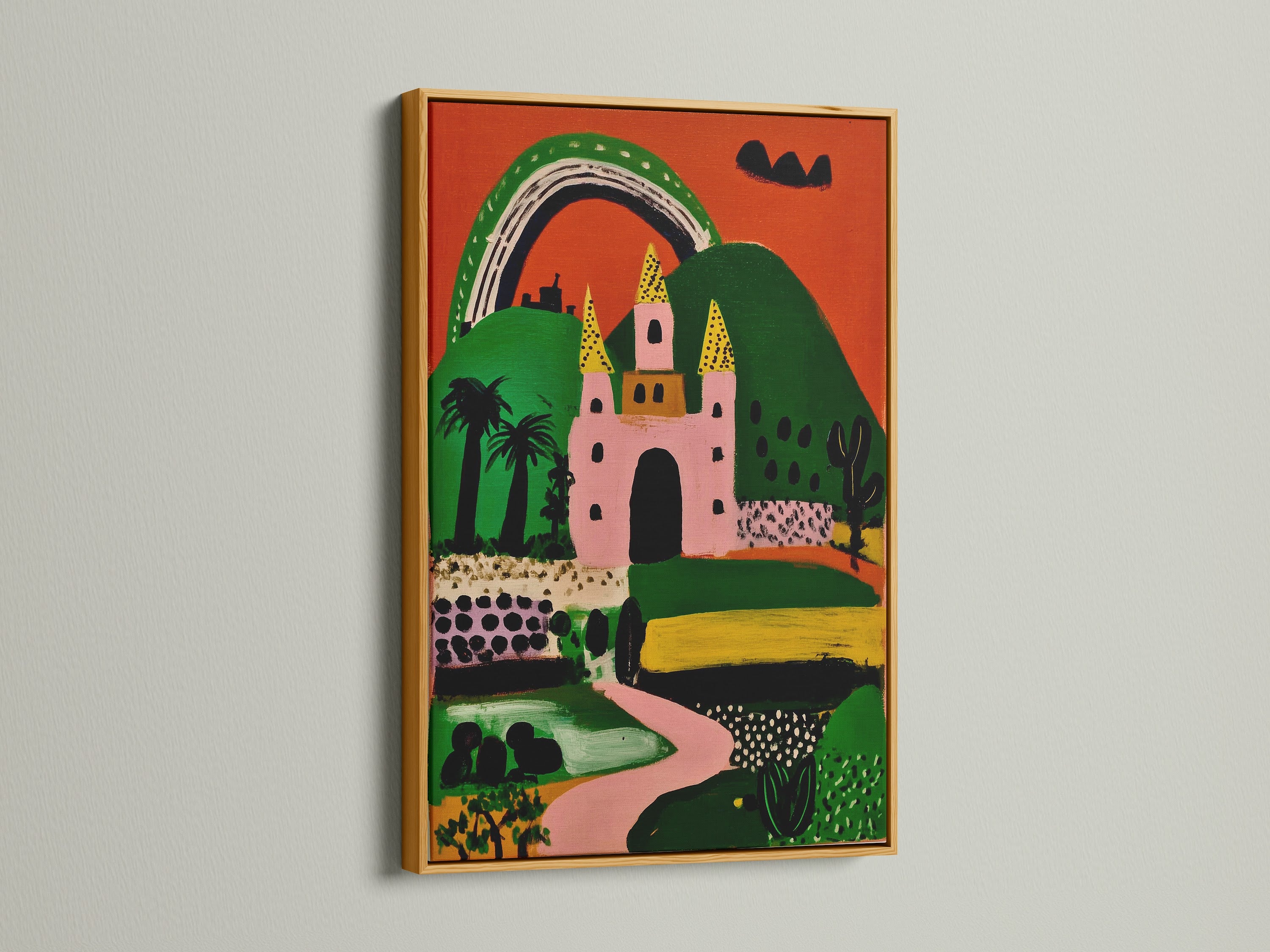 The gold frame highlights this whimsical castle art. This colorful landscape adds charm to playroom decor. The pink castle and fairytale elements make it a vibrant kids room art piece. It's an ideal storybook art print.