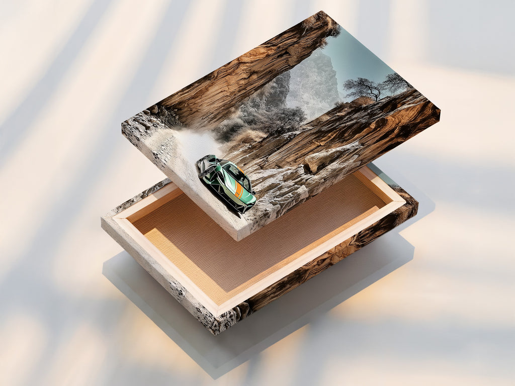 Stretched canvas print of Sports Car Canyon Artwork. This modern automotive art captures a green sports car in a desert landscape. Perfect for car enthusiasts seeking refined wall decor. Elevate your garage man cave or living room with this striking piece.