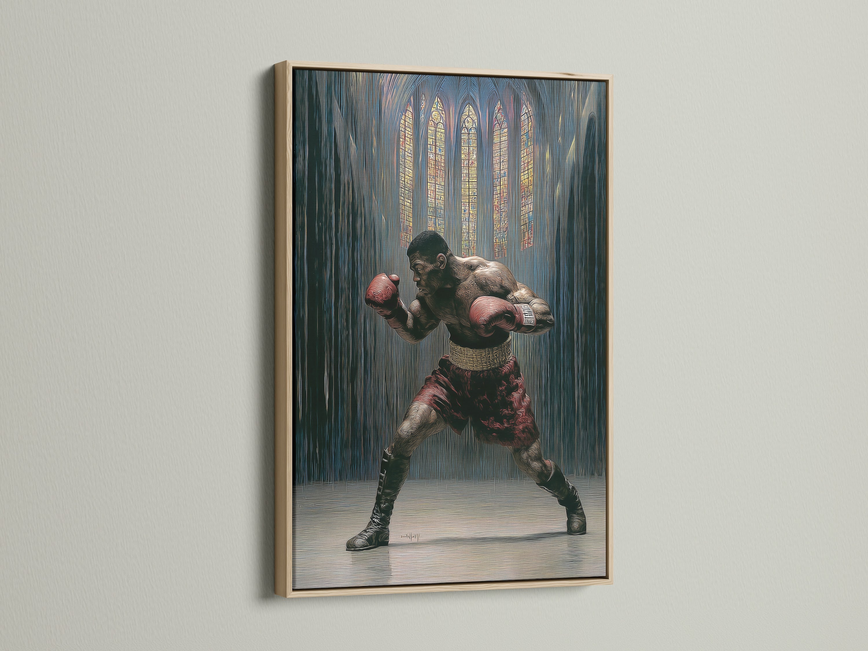 A striking oak frame showcases vintage boxing artwork. This fighter canvas enhances man cave decor. The gothic sports print brings a unique style. Perfect for sports room decor and masculine wall art. Add character with this vintage sports art. This boxing artwork is sure to impress.