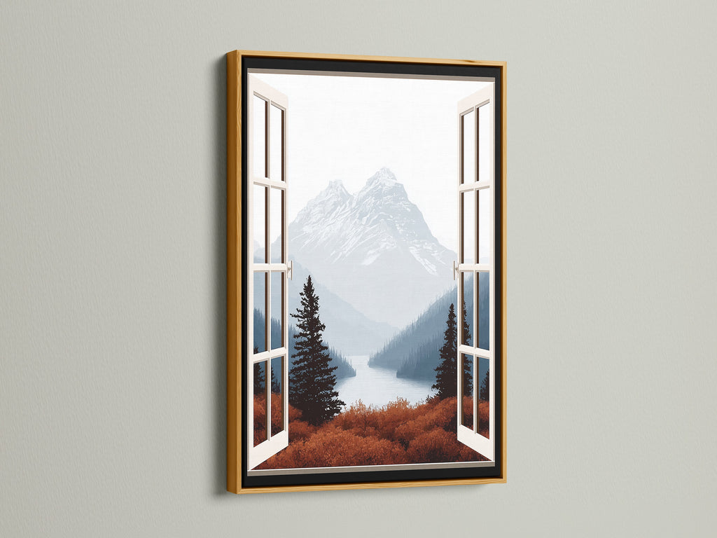 Mountain View Canvas Print in a gold frame. This artwork brings a luxurious touch to nature-inspired decor. The open window reveals a breathtaking mountain landscape. The gold frame enhances the scenic print. Perfect for adding a sophisticated and calming element to your home wall decor in living rooms and bedrooms.