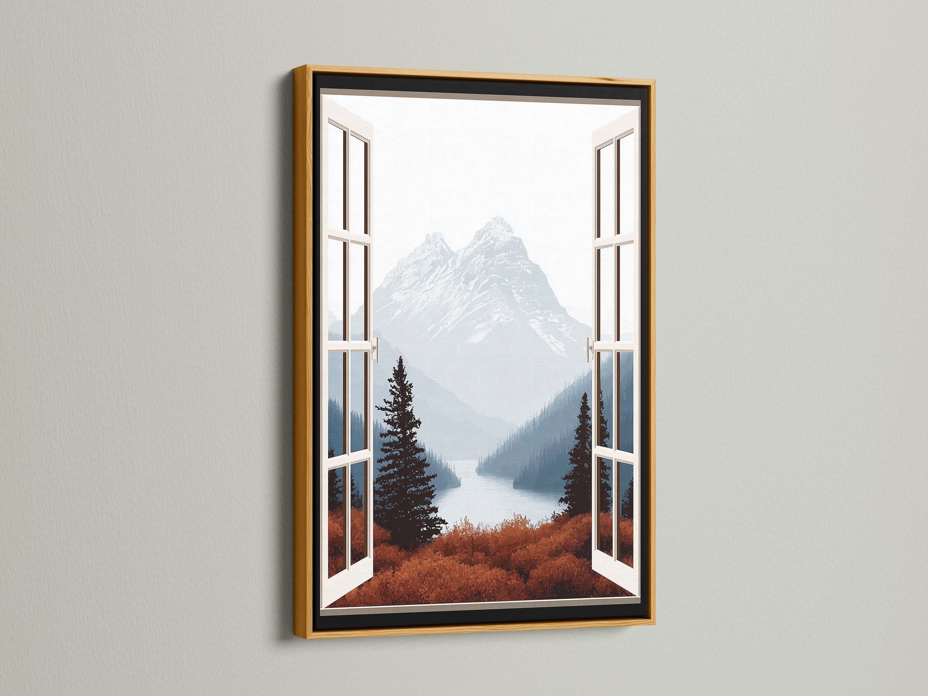 Mountain View Canvas Print in a gold frame. This artwork brings a luxurious touch to nature-inspired decor. The open window reveals a breathtaking mountain landscape. The gold frame enhances the scenic print. Perfect for adding a sophisticated and calming element to your home wall decor in living rooms and bedrooms.