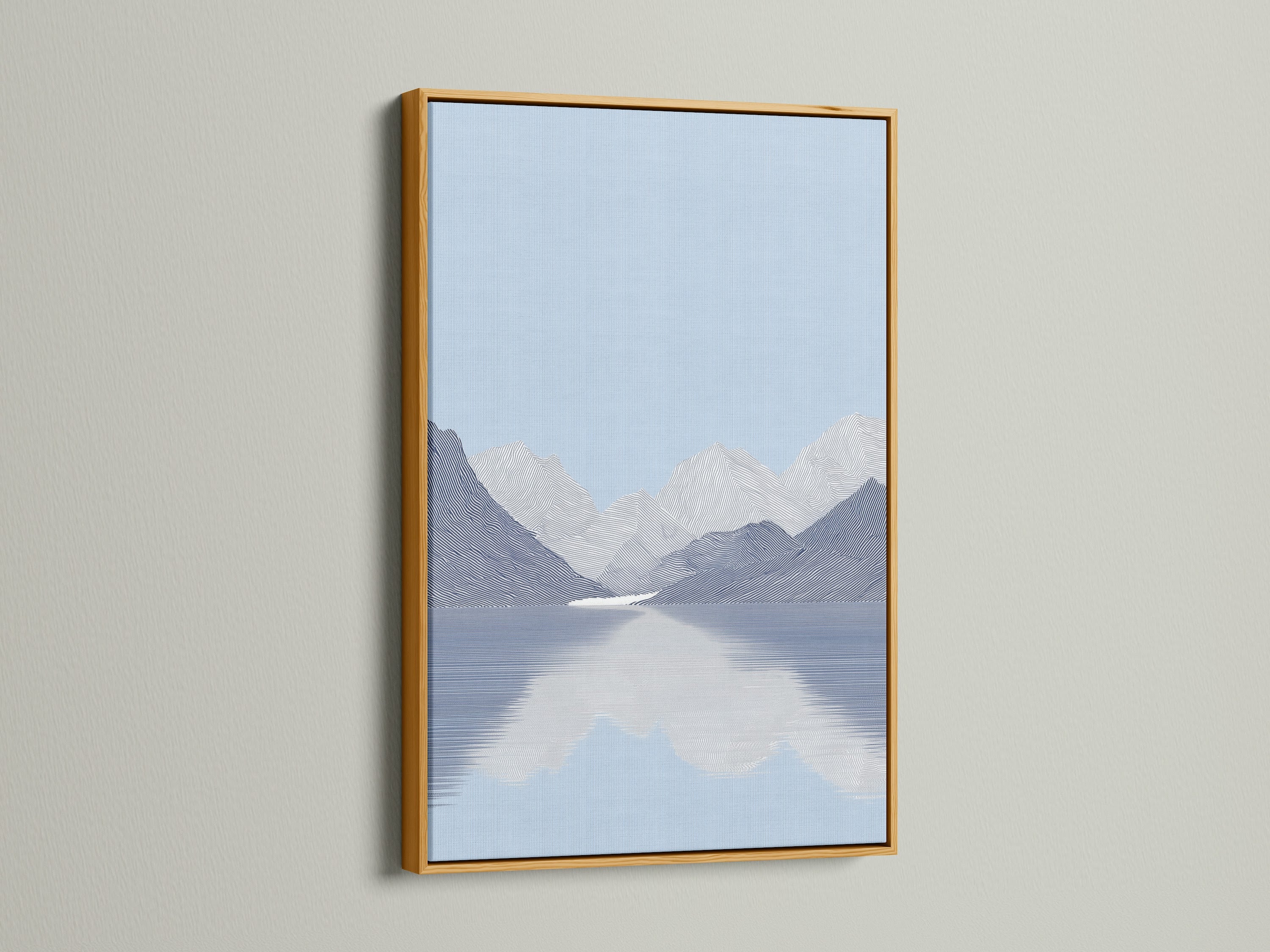 Artwork is beautifully displayed in a gold frame. The gold frame adds a touch of luxury to the artwork. The artwork features a serene lake and mountain scenery. The gold frame enhances the artwork's elegance. It brings a sense of opulence to any room.