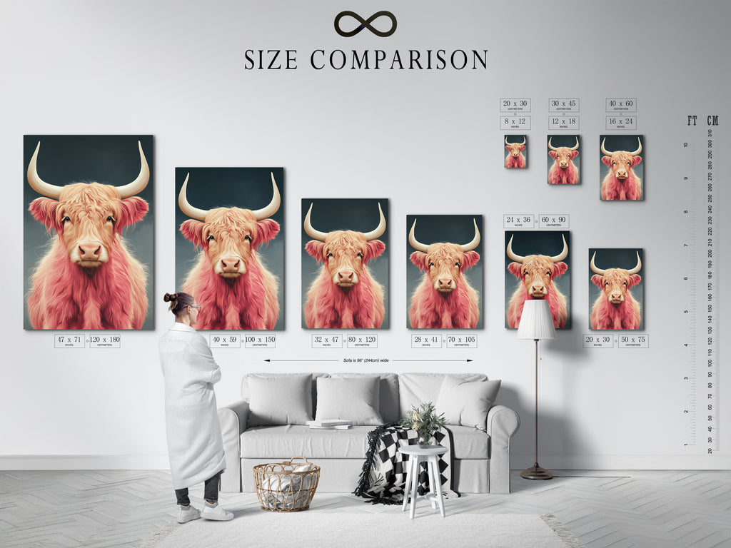 Size comparison chart in an interior setting. See how the pink Highland Cow artwork fits. Visualize the fluffy cattle art in your home. Choose the perfect size for your farmhouse wall art. Transform your space.