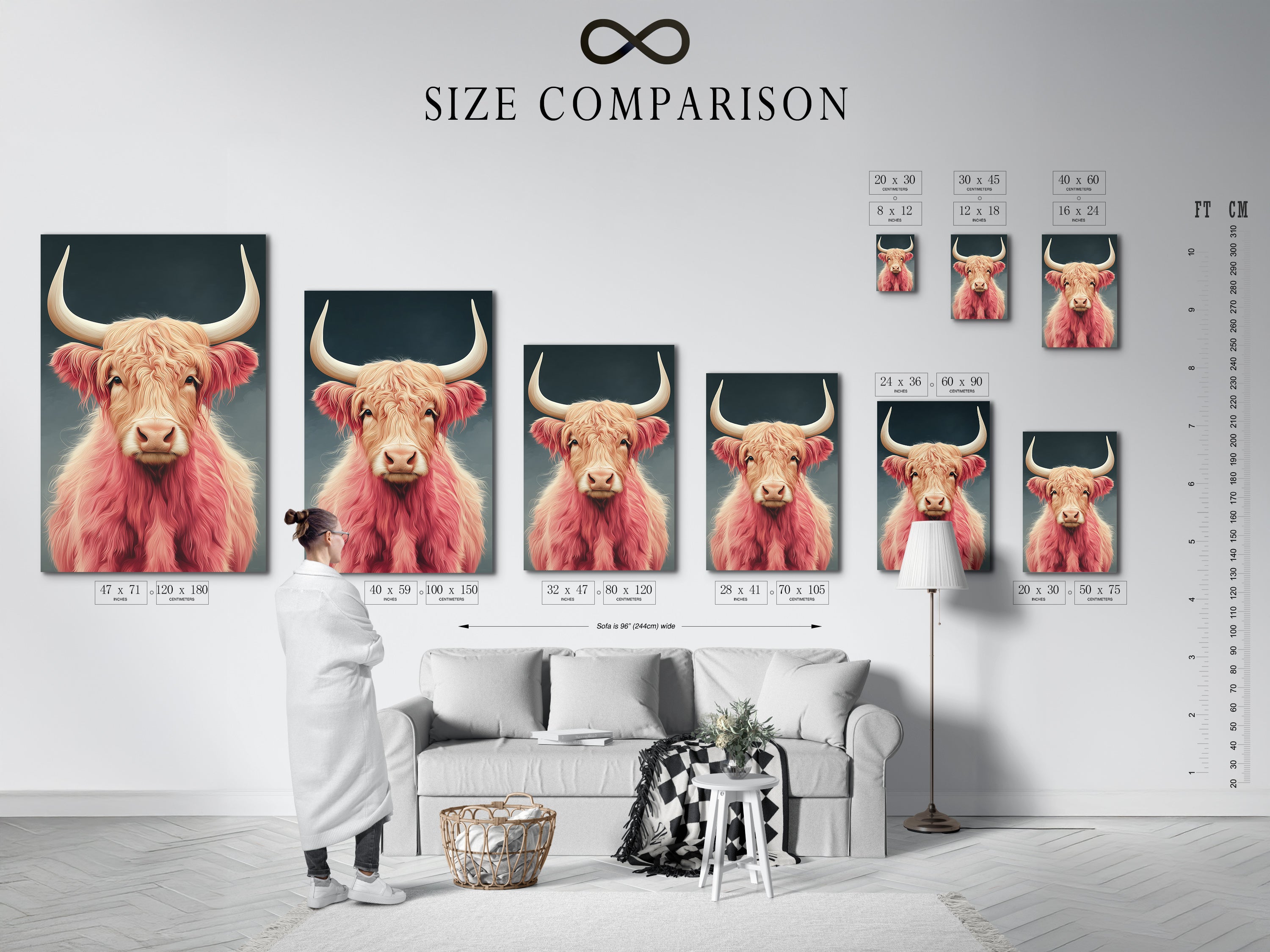 Size comparison chart in an interior setting. See how the pink Highland Cow artwork fits. Visualize the fluffy cattle art in your home. Choose the perfect size for your farmhouse wall art. Transform your space.