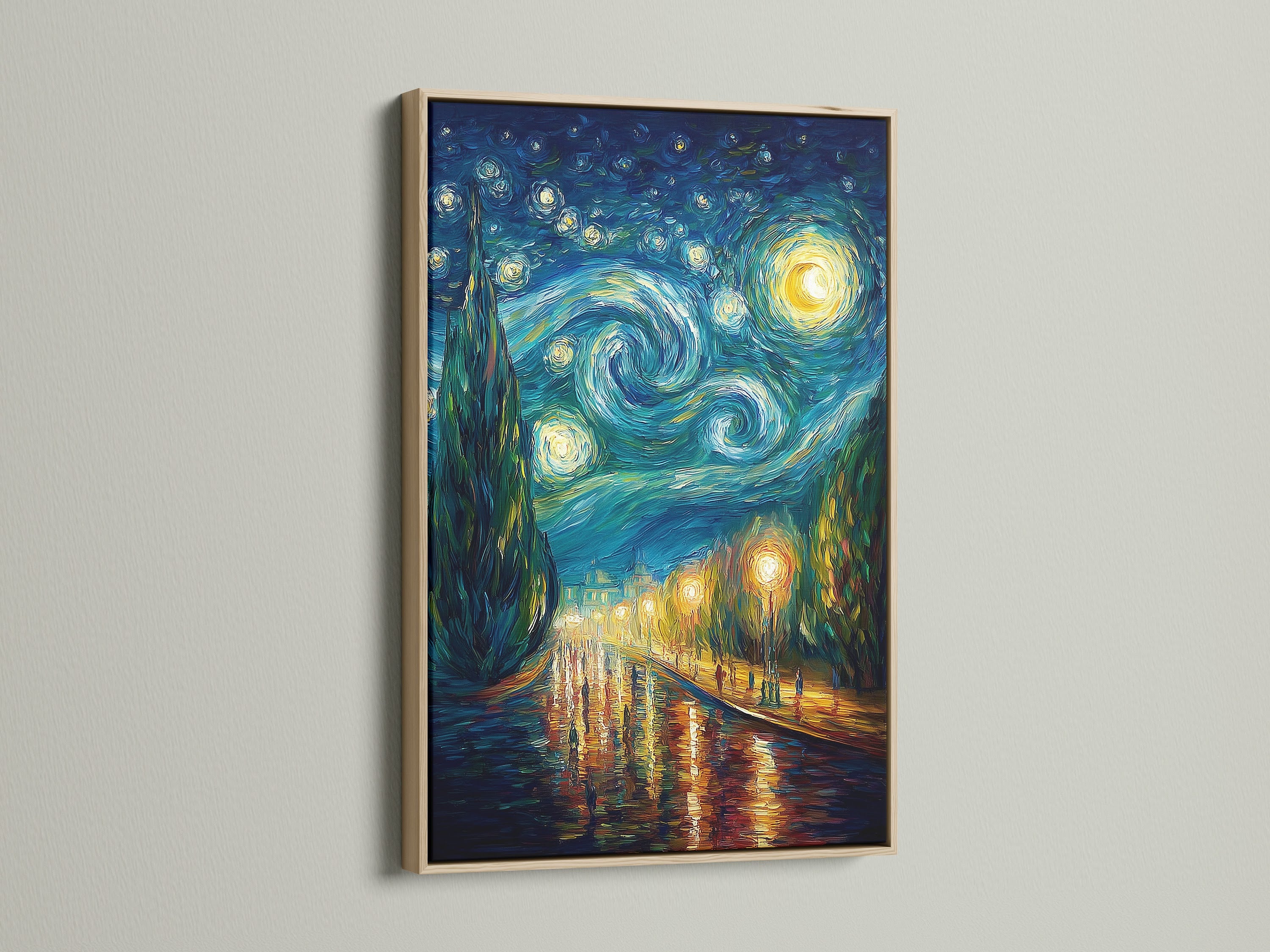 This artwork features an oak frame. The oak frame offers a natural and warm aesthetic. Perfect for adding a touch of rustic charm to your space. Explore the beauty and simplicity of this oak-framed art.