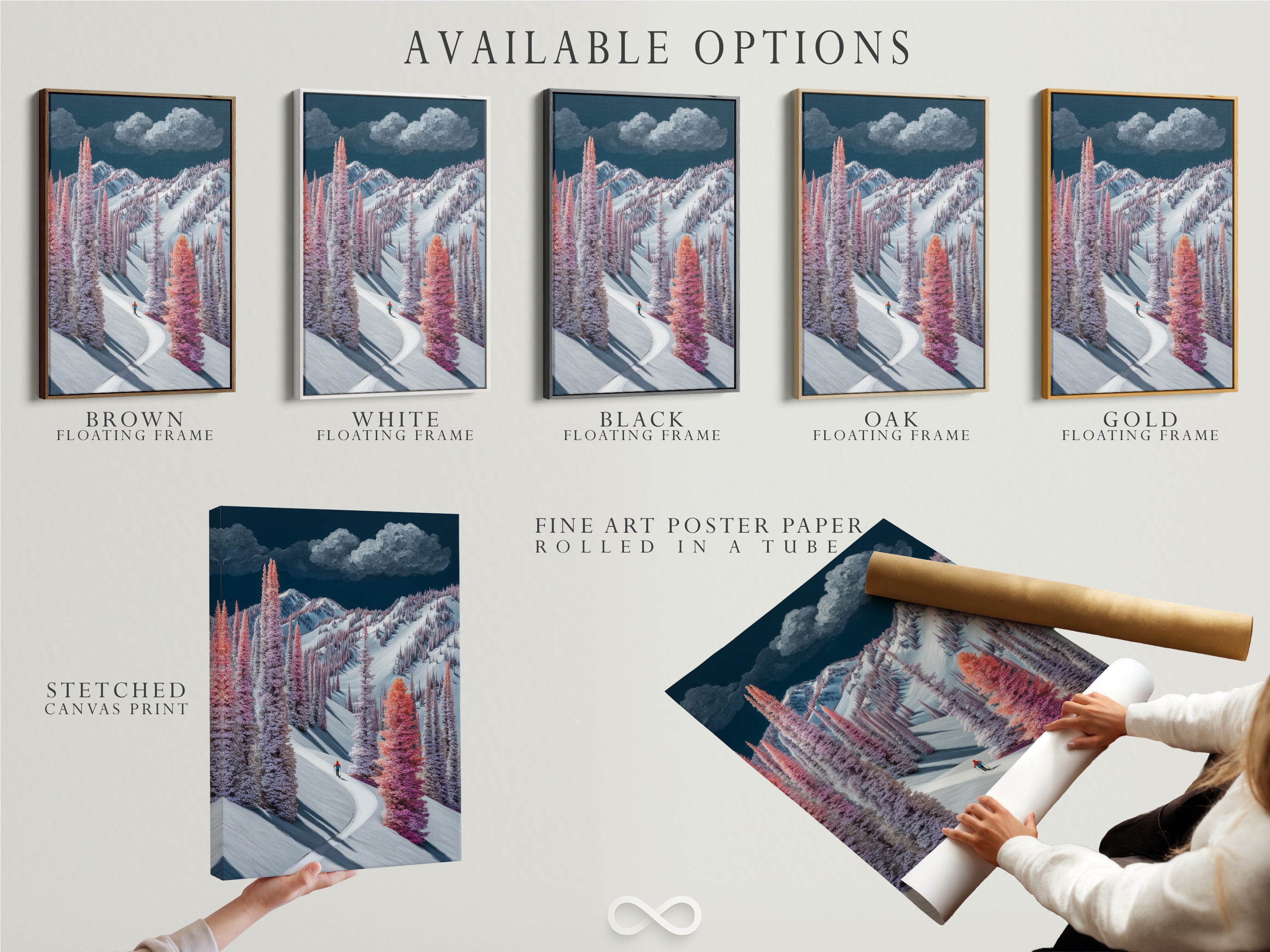 Available options for the Winter Mountain artwork. Choose from a stretched canvas print. Consider a fine art poster paper or a floating frame. Customize your snowy trees wall art to fit your style. Explore the pastel landscape painting options