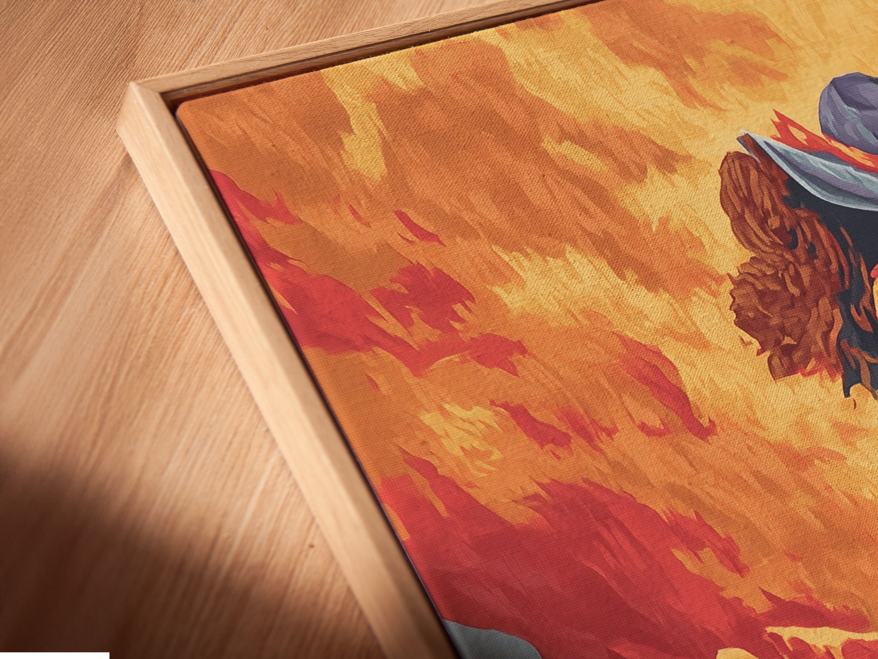 Close-up of a canvas print in a floating frame. The artwork features a flamenco dancer in a Spanish dress. The orange and teal colors create a vibrant look. Enhance your decor with this art print.