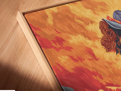 Close-up of a canvas print in a floating frame. The artwork features a flamenco dancer in a Spanish dress. The orange and teal colors create a vibrant look. Enhance your decor with this art print.