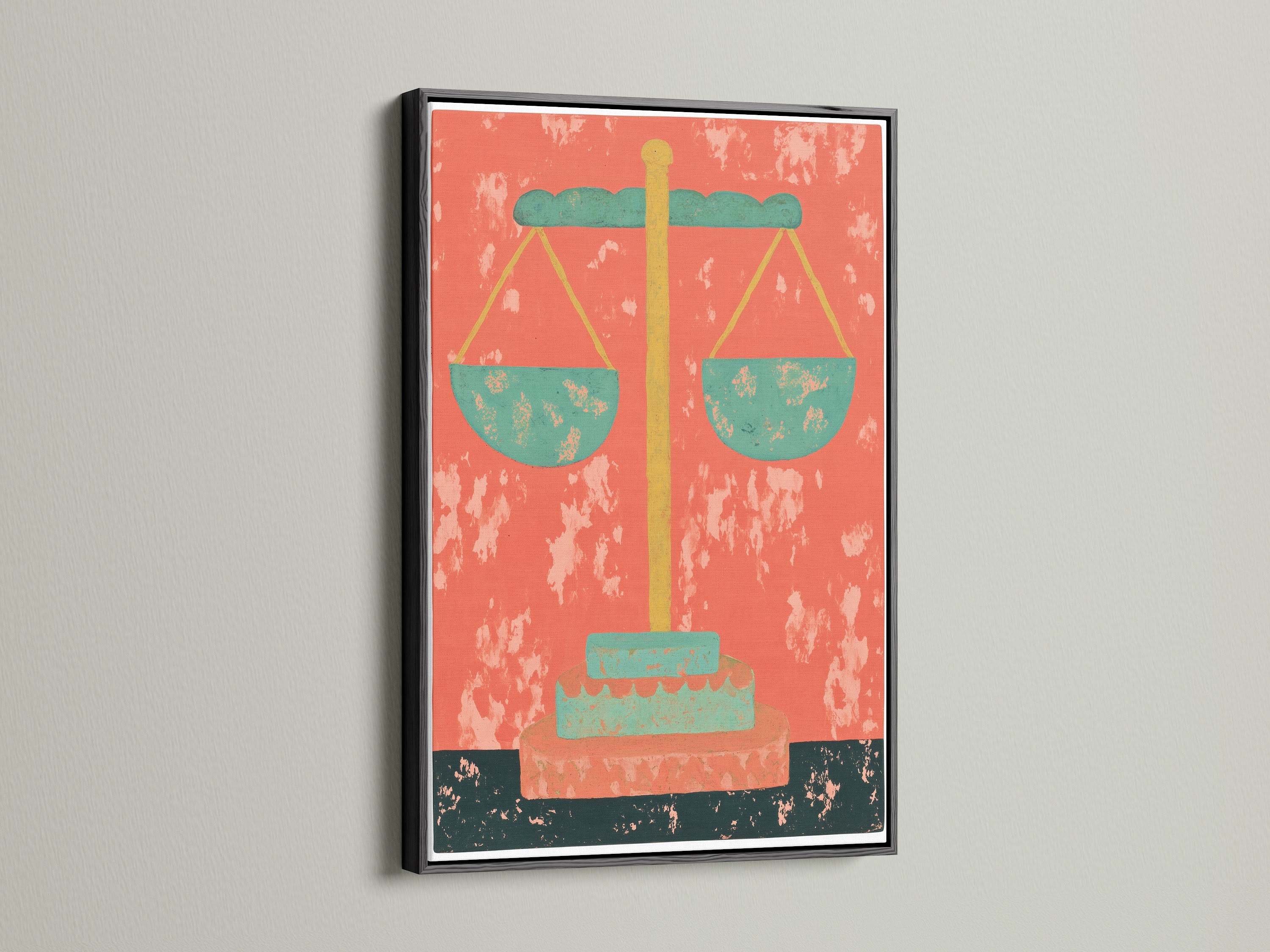 The Justice Scales Canvas Print is presented in a black frame. This artwork makes a bold statement. It's suitable for legal practices studies and home offices. The vintage-style legal artwork is a great gift. It features scales and Mid-Century colors of orange and green.