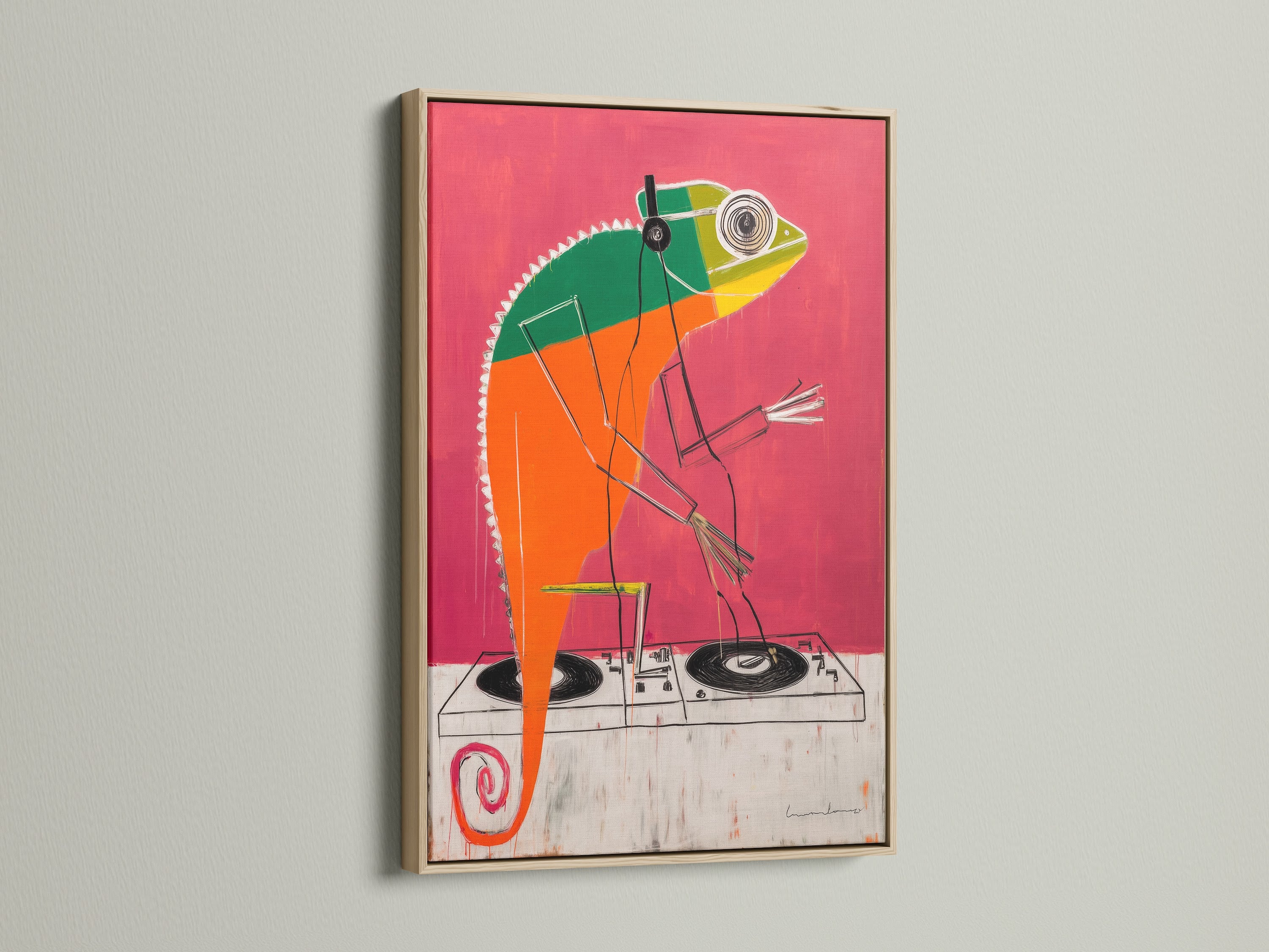 DJ Chameleon art print in an oak frame. This vibrant animal art is perfect for music lovers. The retro music poster adds a funky touch. Great for a music studio or entertainment area.