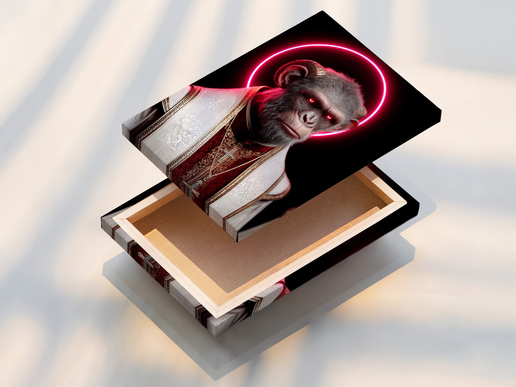 A stretched canvas print displays the 'Pope Monkey' art. This religious artwork with a neon halo is ready to hang. It offers a modern contemporary wall decor solution. The stretched canvas enhances the colors. It is perfect for any living room or office.