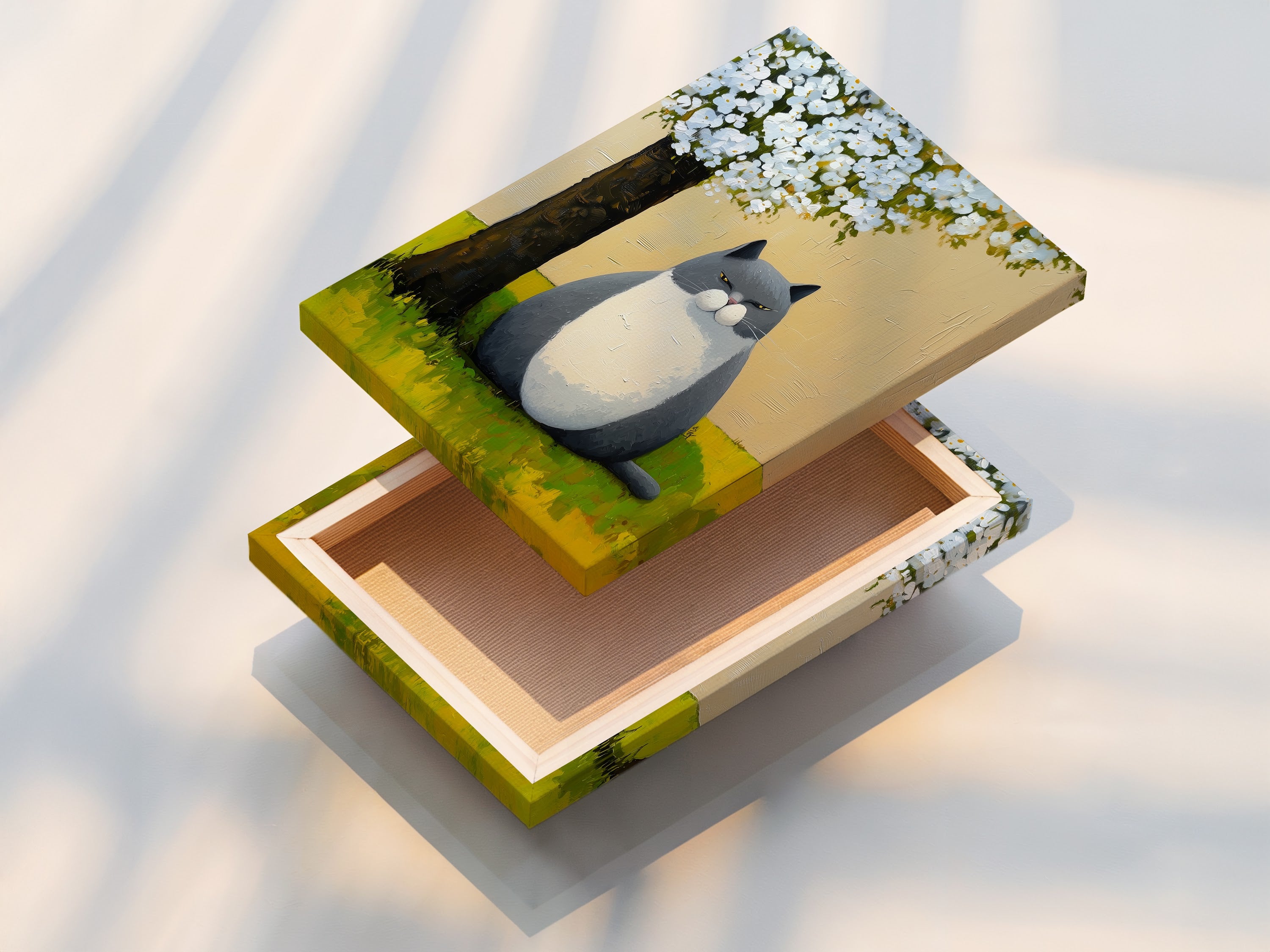 This photo shows a stretched canvas print of whimsical cat artwork. The peaceful garden canvas wall art features a cute animal illustration. It is ideal for nursery room decor.