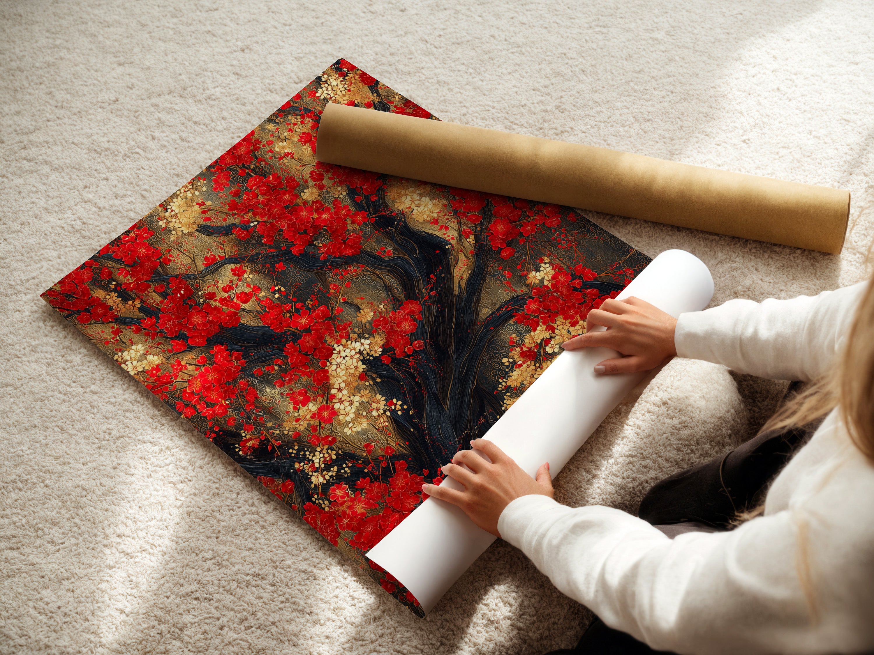 A woman is carefully rolling a fine art poster paper featuring the Red Blossoms artwork. This Japanese cherry tree print is perfect for adding Asian botanical art to your space. Ideal for those who appreciate oriental decor and nature wall art. The poster features red and gold accents. Enhance your home with this botanical print.