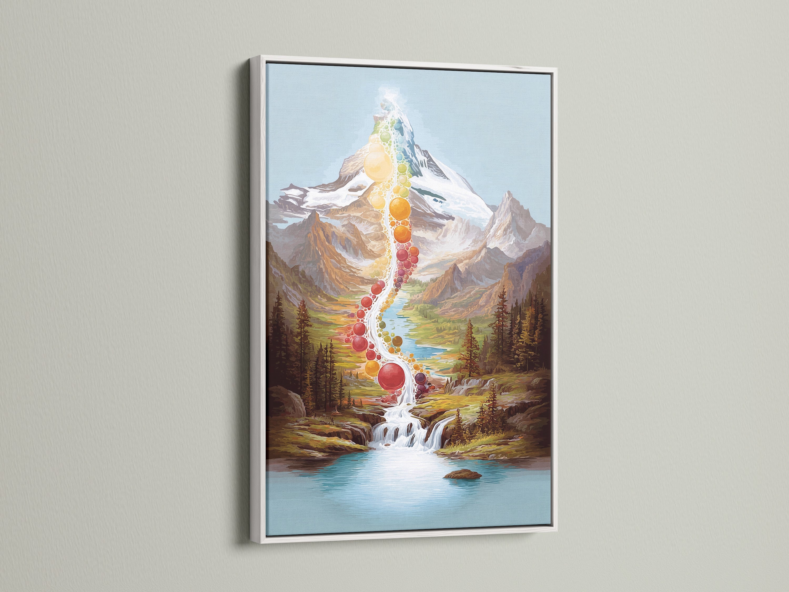 Chakra Mountain art print showcased in a white frame. The artwork features a colorful waterfall flowing down a mountain. This piece adds a spiritual touch to any space. The white frame provides a clean and modern look. Energy healing art for your home or office.