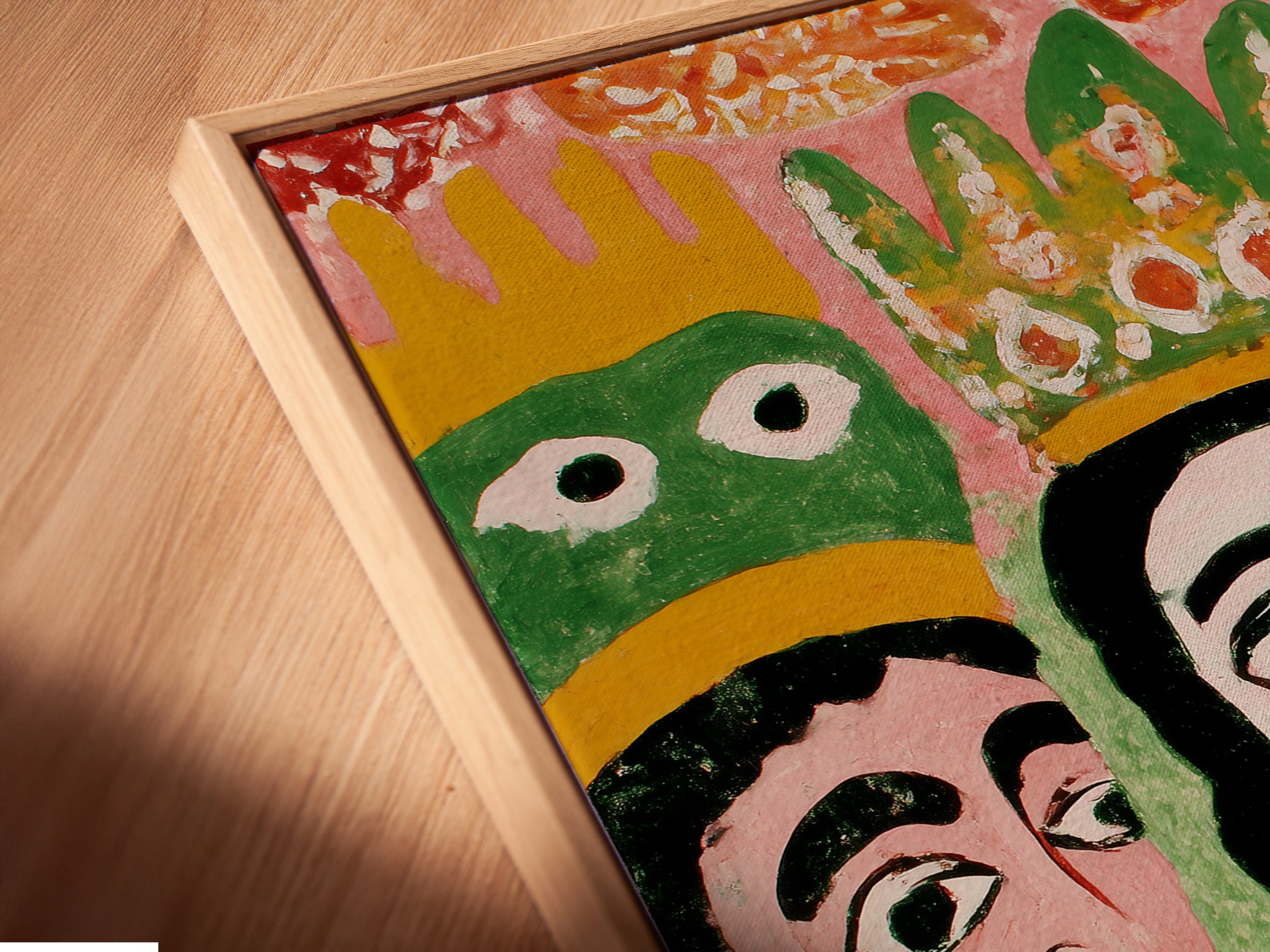 Angled close-up of a canvas print featuring the Three Wise Men. The artwork is displayed in a floating frame adding depth and sophistication. This biblical art print enhances any space with its colorful religious theme. Perfect for adding a touch of faith and artistry.