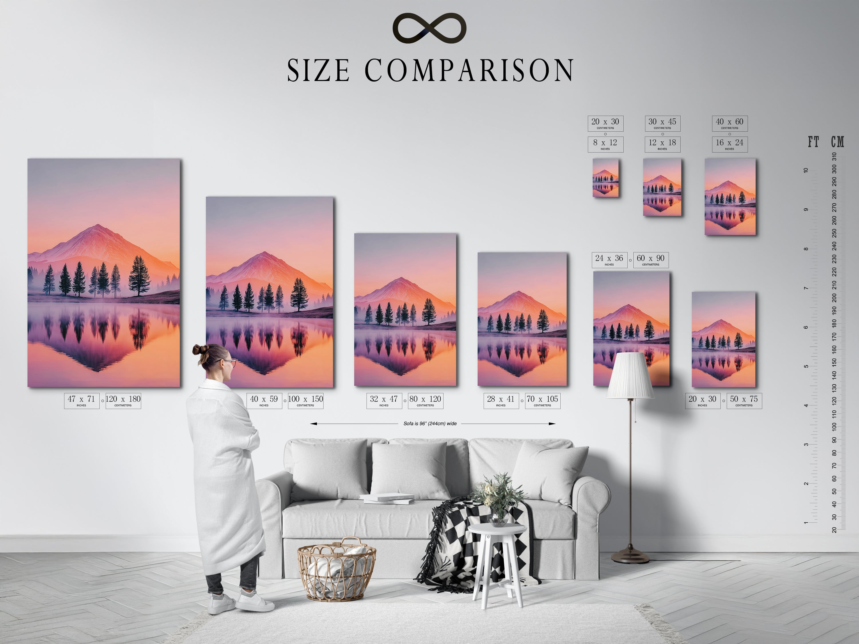A size comparison chart is displayed in an interior setting. See how the mountain lake artwork fits your space. Available in various sizes to suit your wall art needs. Choose the perfect nature print for your bedroom or office. Visualize the impact of this wilderness art.