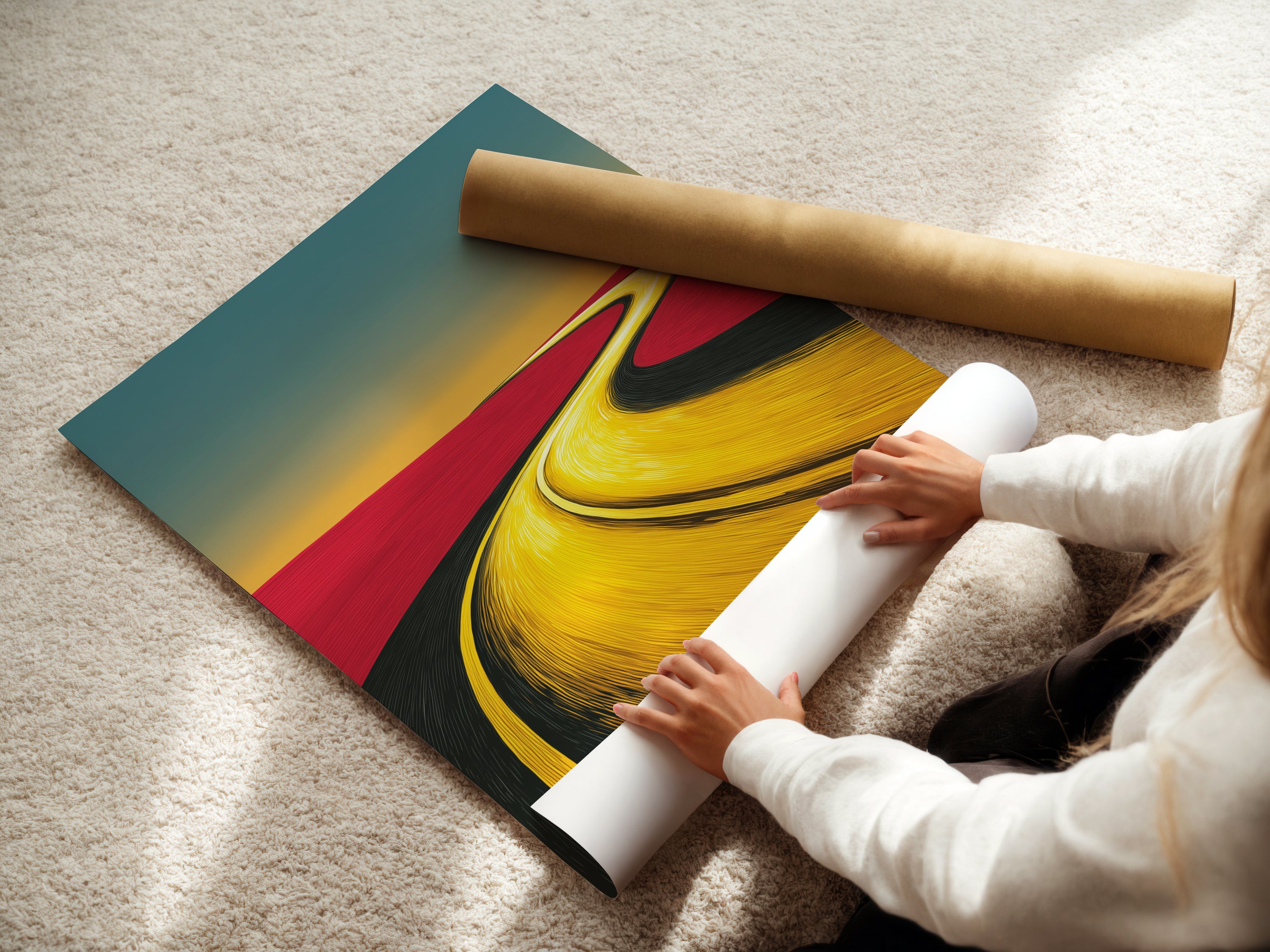 A woman is carefully unrolling a fine art poster paper. The paper is ready for a desert road artwork print. This landscape canvas is perfect for earth tone decor. The abstract wall art will soon be an office art print. The modern artwork is ideal for minimalist spaces and travel art.