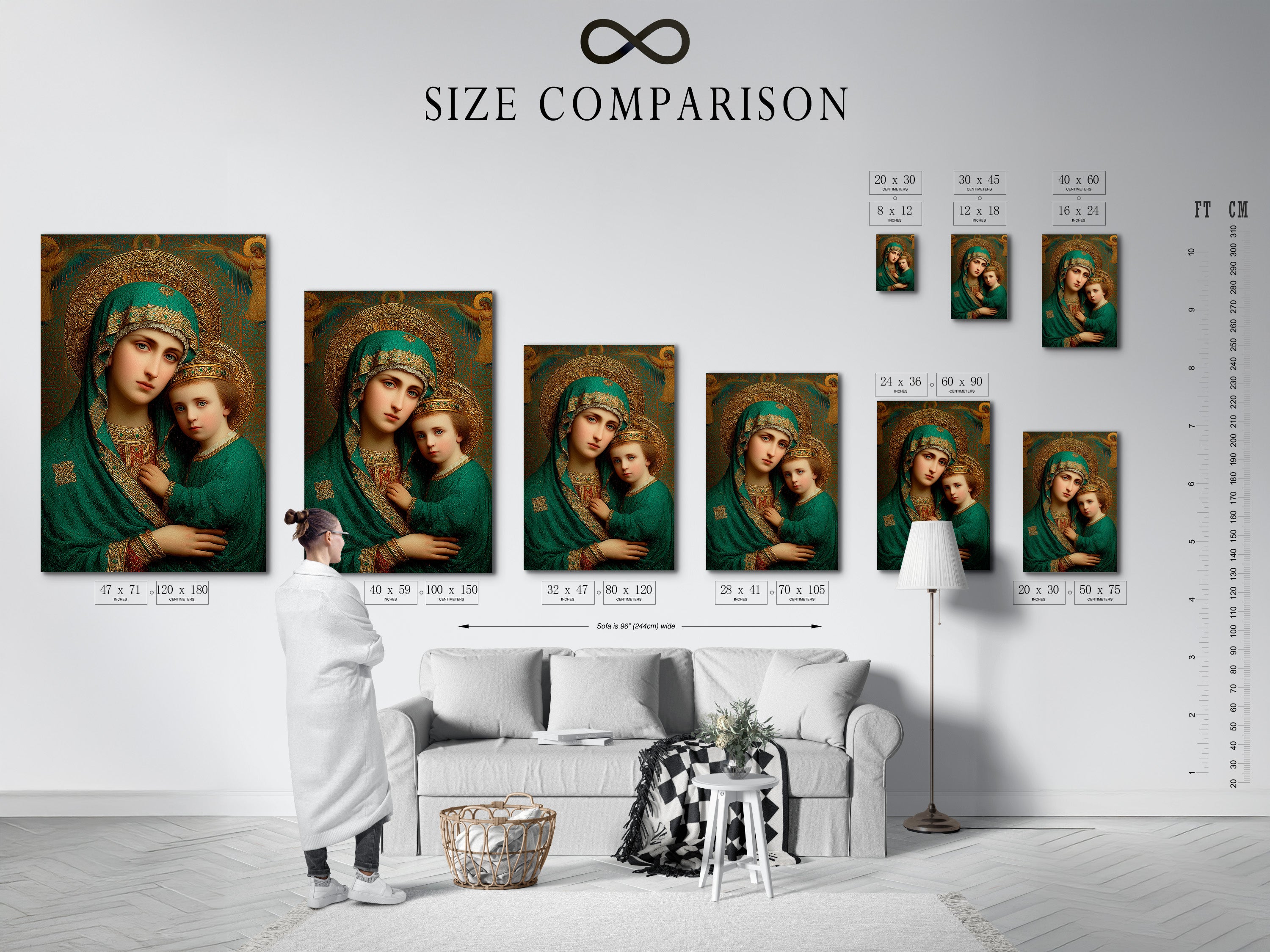 A size comparison chart shows artwork in various interior settings. Visualize the perfect art size for your space. Find the ideal dimensions to enhance your room's aesthetic. Shop art by size.