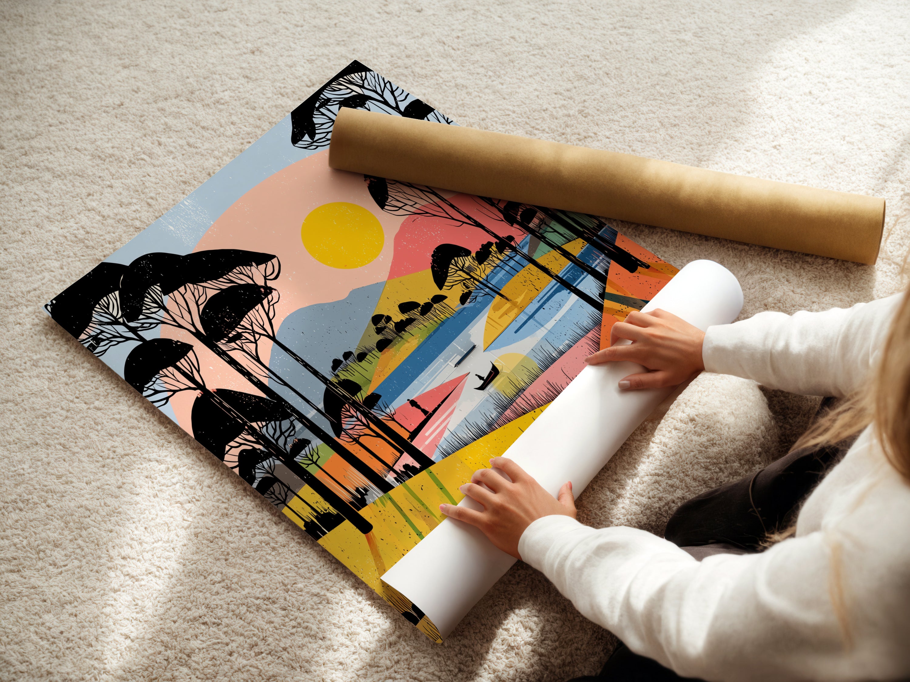 A woman is rolling a fine art poster paper showcasing its quality. The poster paper is ideal for high quality art prints. The fine art paper ensures vibrant colors. It ensures detailed artwork reproduction. Perfect for creating stunning landscape prints.