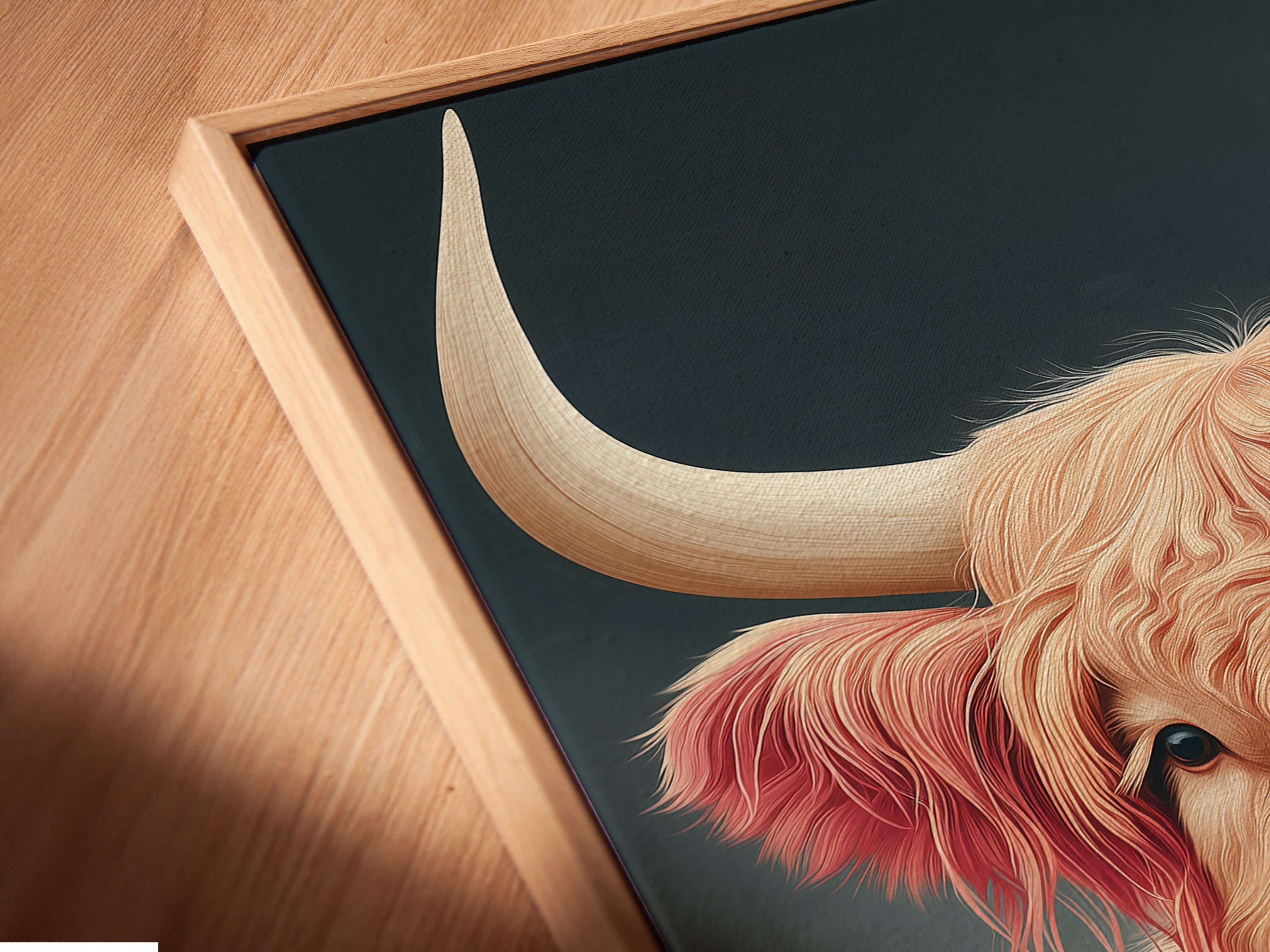 Close-up of a canvas print in a floating frame. This pink Highland Cow artwork enhances any space. Notice the texture and depth of the canvas. This farmhouse animal artwork makes a statement.