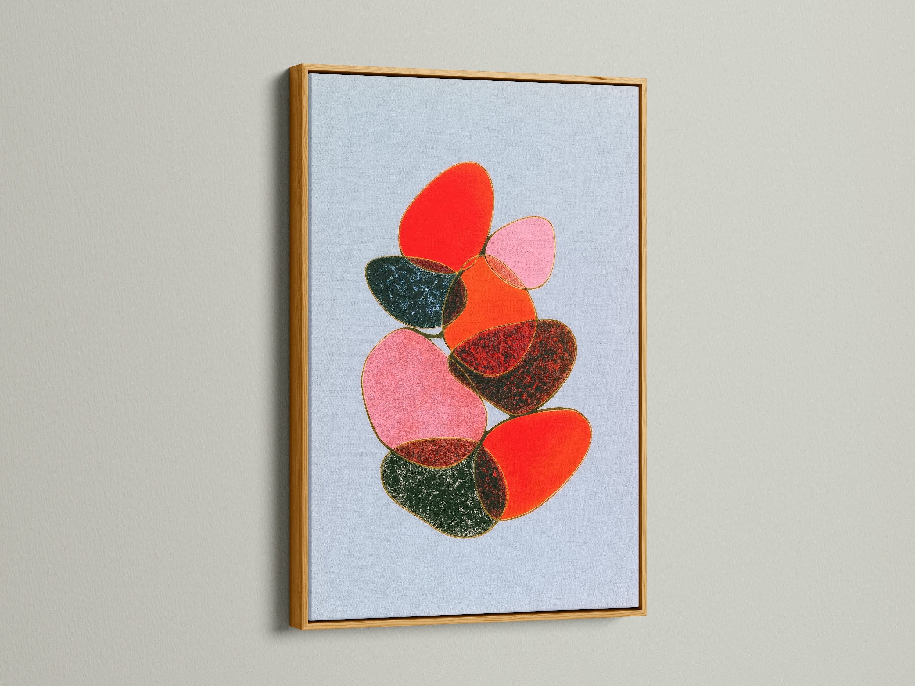 Admire the abstract stone art with a gold frame. The gold frame enhances the colors of the abstract artwork. An elegant touch to modern geometric wall art. Buy this balance art for unique wall decor.