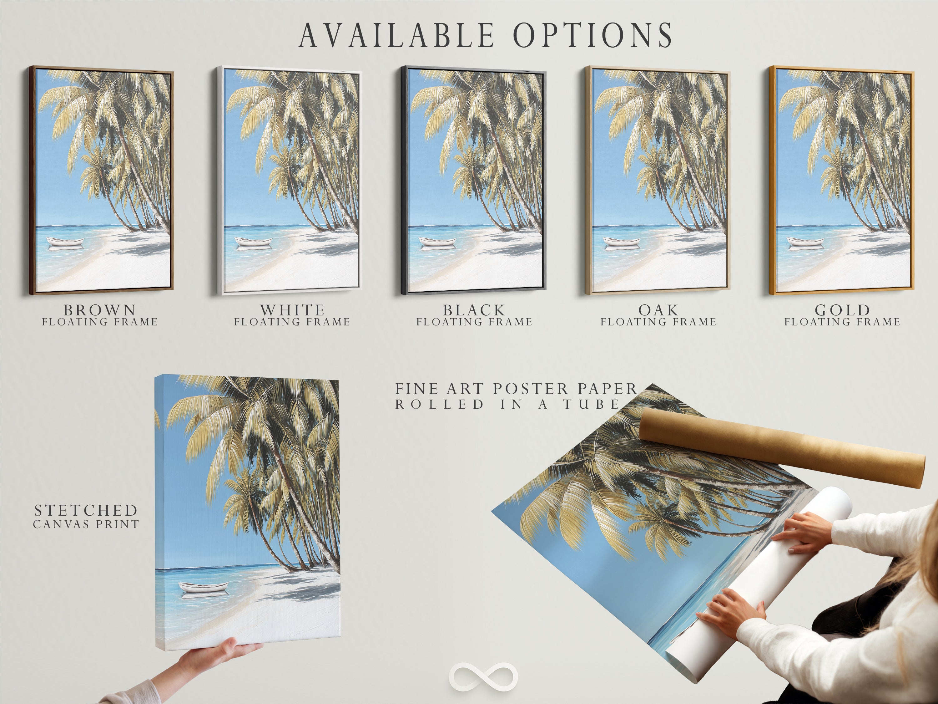 Available options for the tropical beach artwork. Choose from a stretched canvas print fine art poster paper or a floating frame. Customize your artwork to match your decor and personal taste with these versatile options.