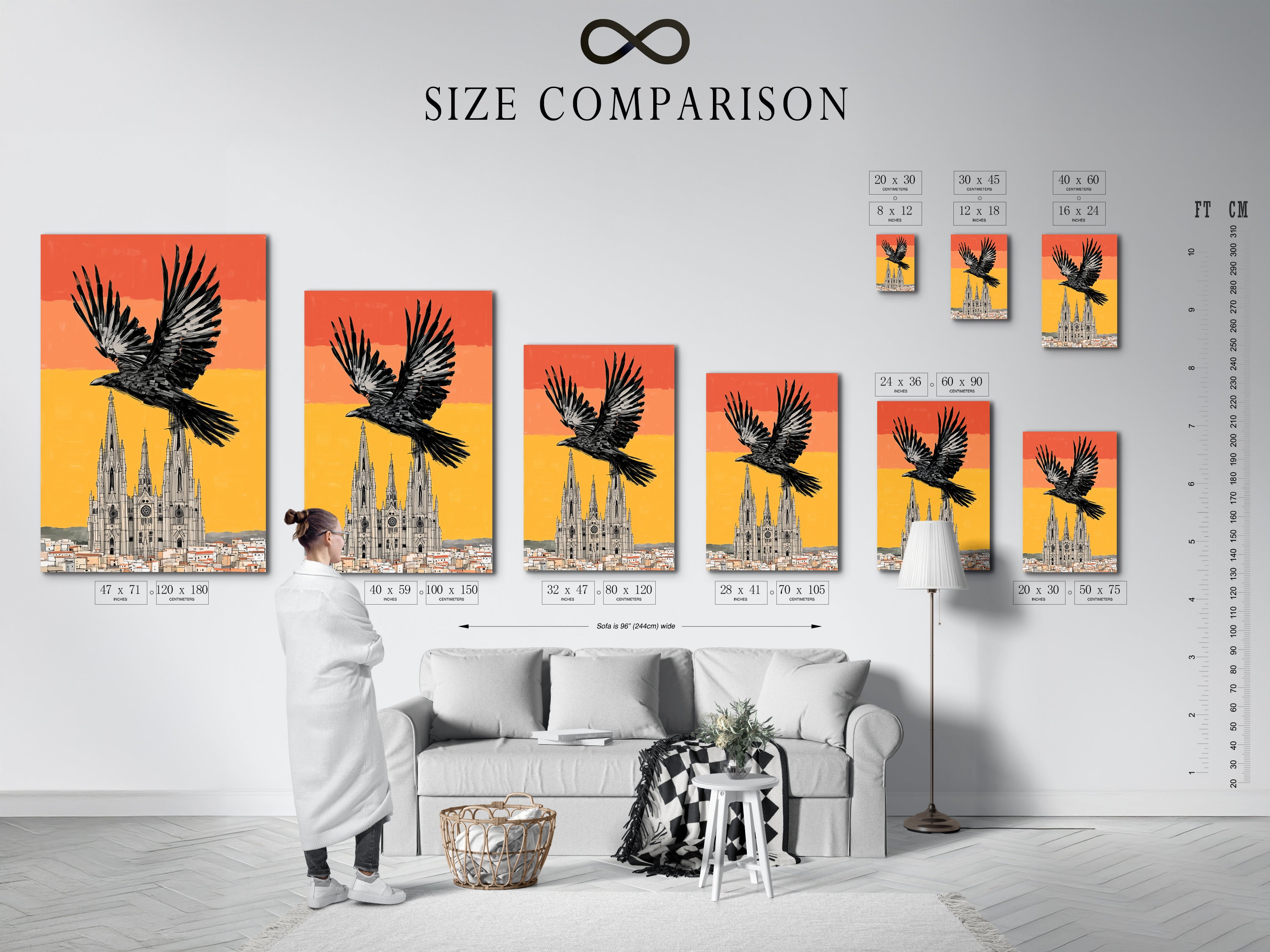 A size comparison chart displayed in an interior setting. This chart helps you visualize gothic raven wall art and black bird cathedral canvas prints. Find the perfect fit for your living room bedroom or office. Enhance your gothic home decor with our architecture art.