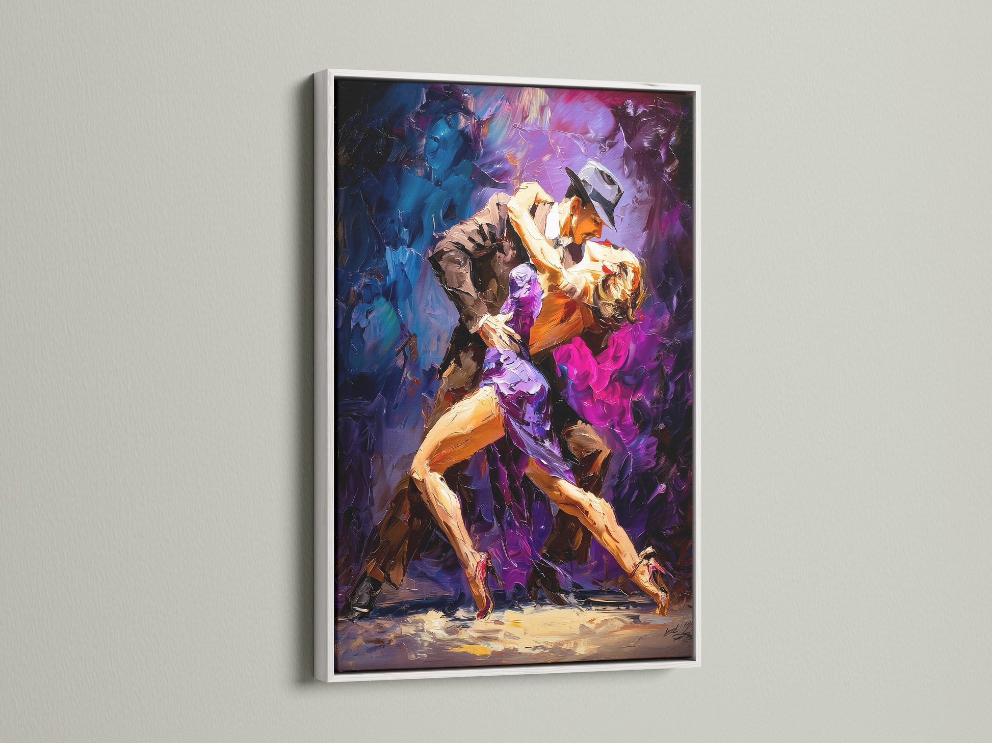 Framed artwork featuring a tango dance is displayed. The white frame offers a clean modern look. It complements various interior styles. Elevate your decor with our white framed artwork. Discover the perfect piece.