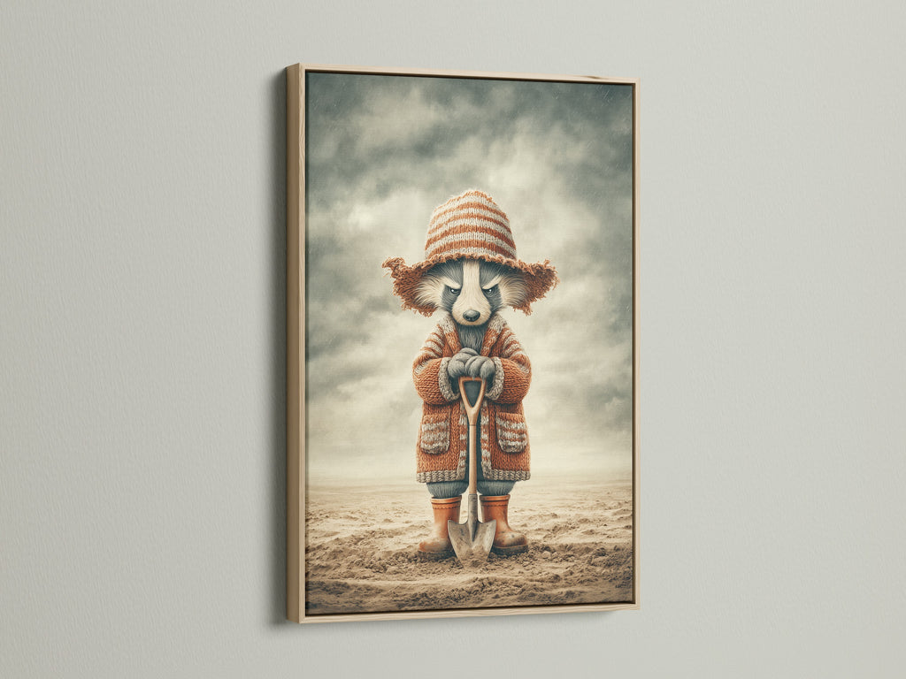 A delightful raccoon artwork print is framed in oak. This vintage animal art piece adds character to any room. Ideal for a woodland nursery or a child's room. It brings a touch of whimsy and warmth. Its perfect for kids room wall art and living room decor.