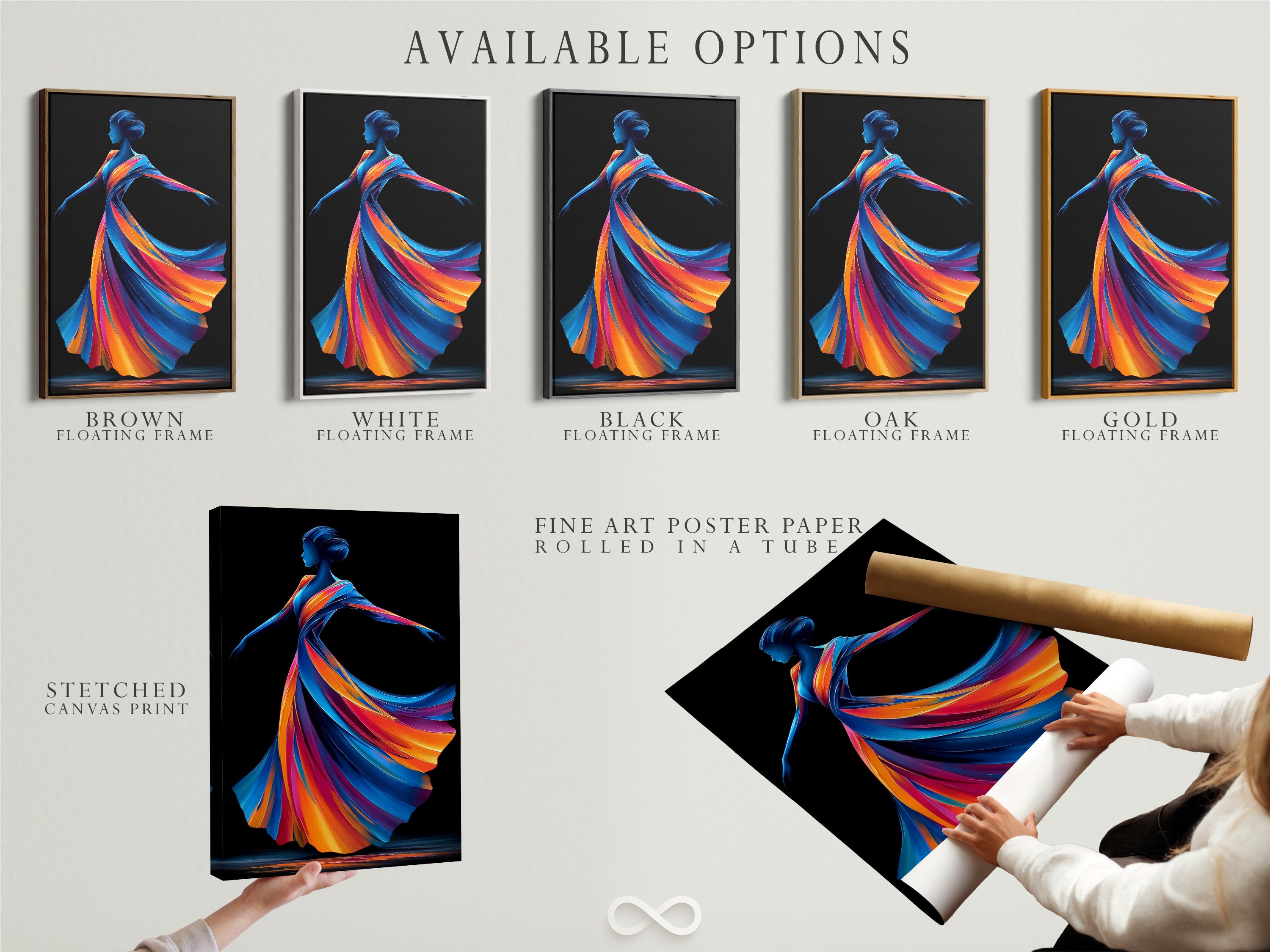 Explore available options for the Dancing Woman artwork. Choose from a stretched canvas print or fine art poster paper. Consider a floating frame for a modern look. Perfect for contemporary homes and boutique wall art.