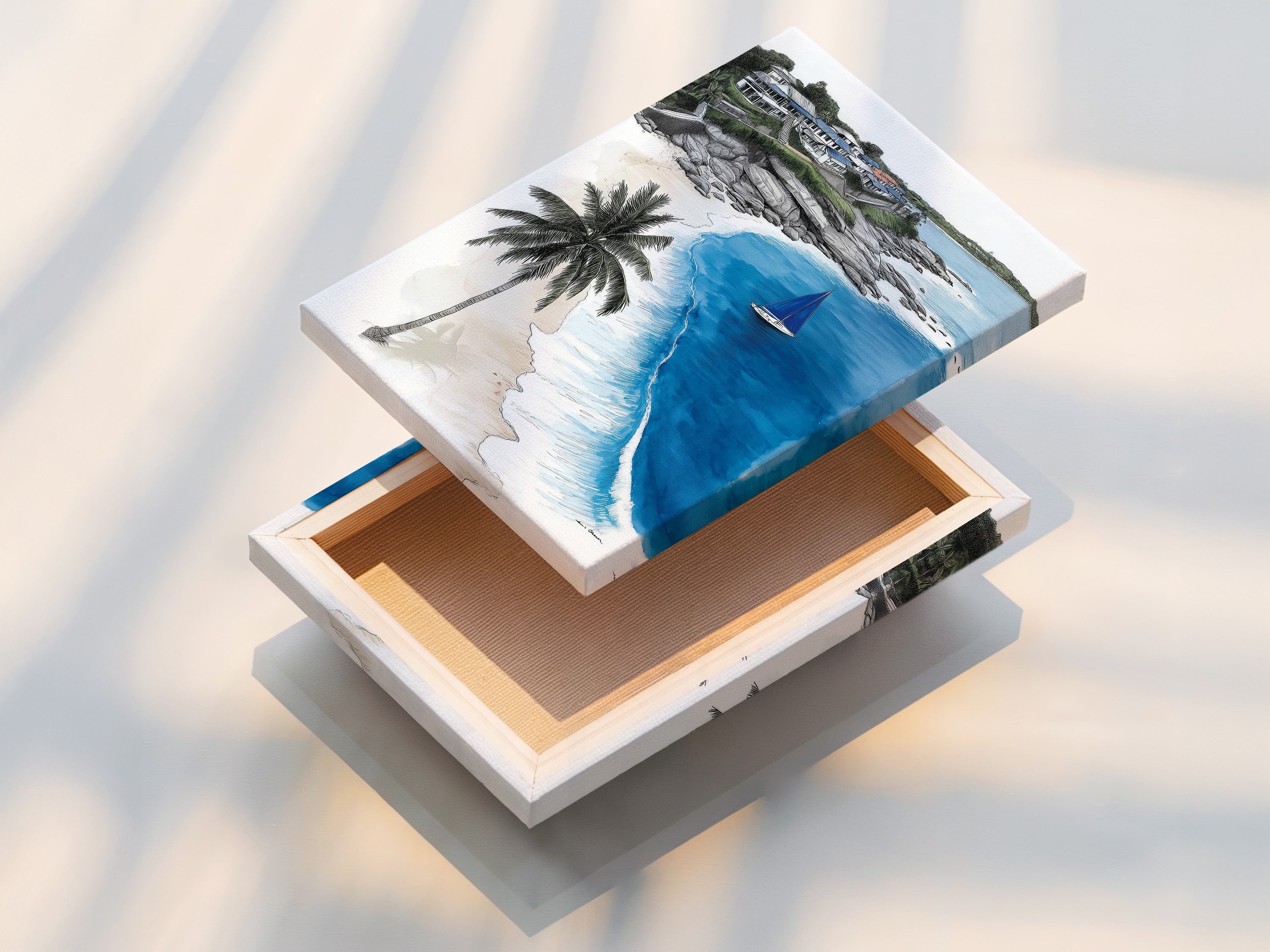 This stretched canvas print showcases coastal beach artwork. The tropical ocean artwork brings a beachy vibe. The sailboat print is perfect for beach house decor. This sea view art is ready to hang. Ideal for nautical wall art and summer art prints.