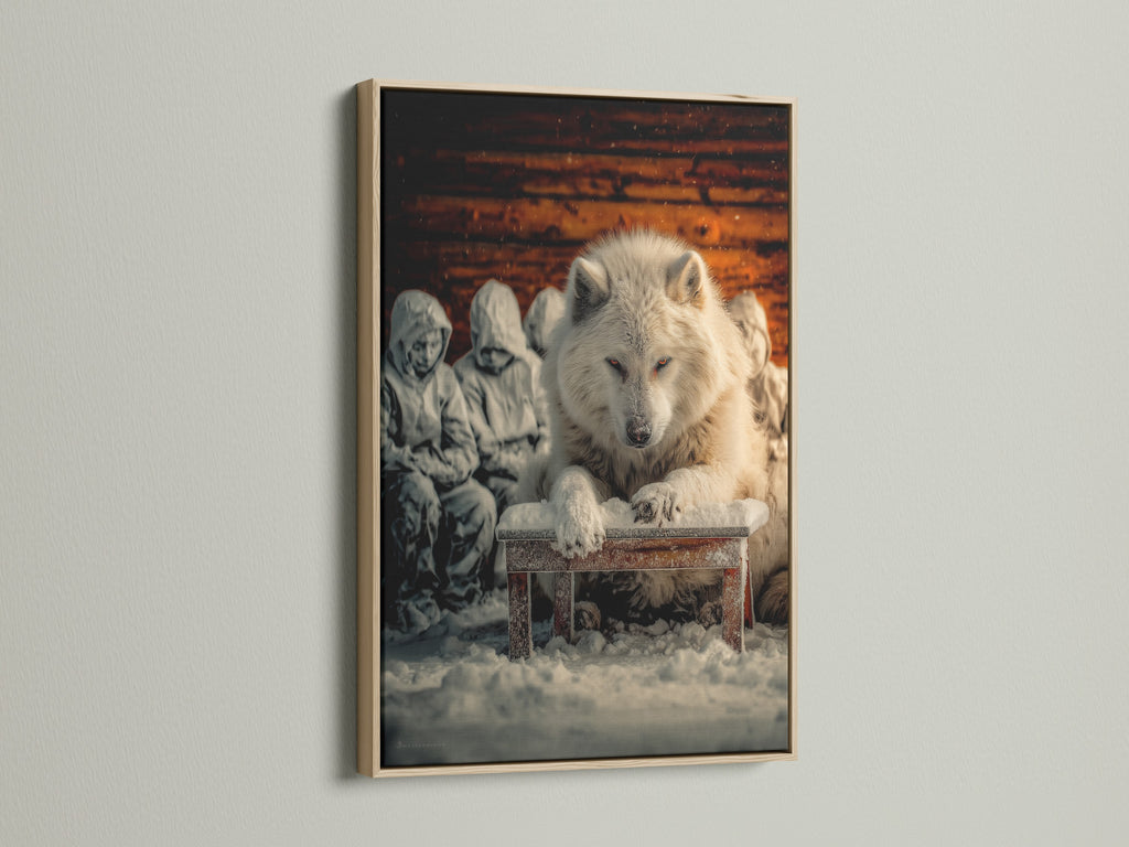 The artwork features a majestic white wolf perched on a snow-covered bench with hooded figures behind. The artwork is encased in a light oak frame. This arctic animal art brings a winter scene to your living room wall art or study room.
