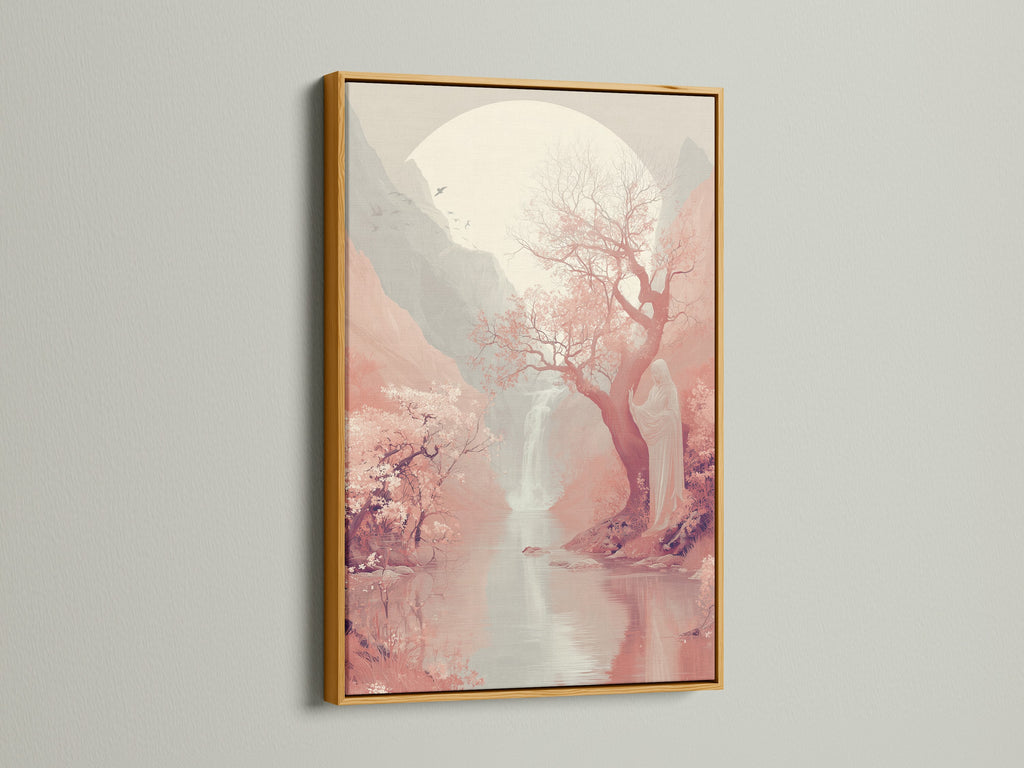 Gold frame highlighting the serene landscape artwork. Japanese Moon Wall Artwork adds sophistication. Sakura Tree Canvas Print complements any space. This piece is perfect for creating a refined atmosphere.