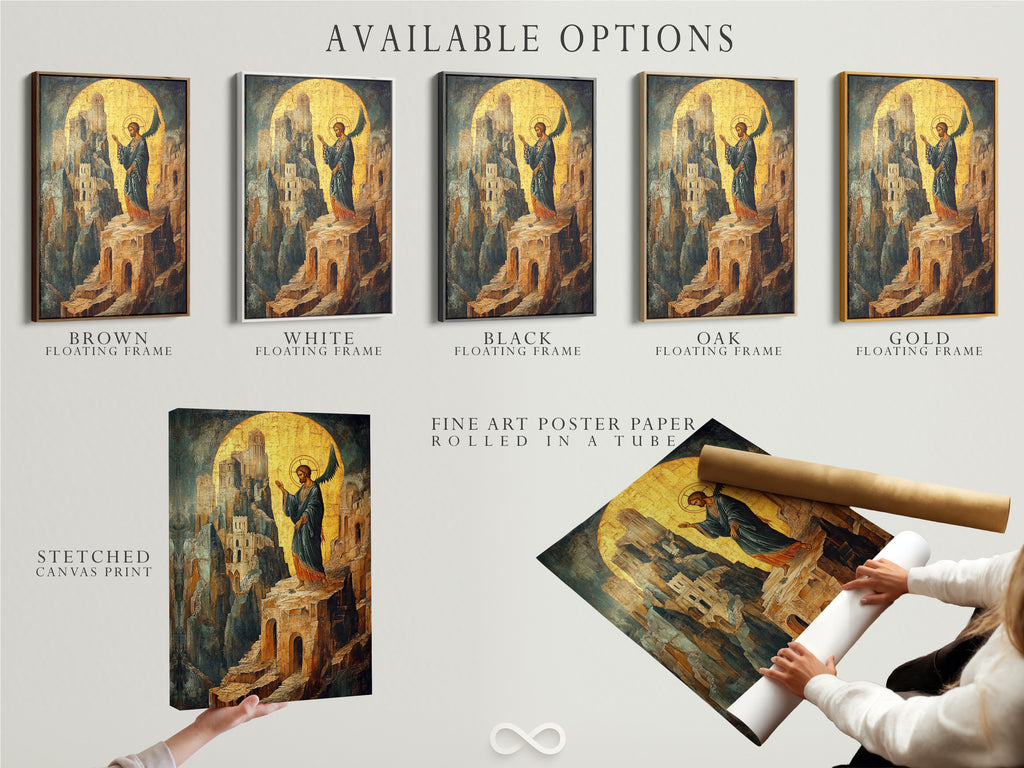 Available options for the Byzantine Angel Art Print are displayed. Choose from a stretched canvas print fine art poster paper or floating frame. Customize your religious artwork to match your Christian home decor and sacred space.