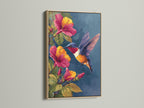 This is a close-up of an oak frame. The artwork inside features a hummingbird and hibiscus flowers. The frame adds a touch of natural warmth to the artwork. A perfect piece for any nature lover.
