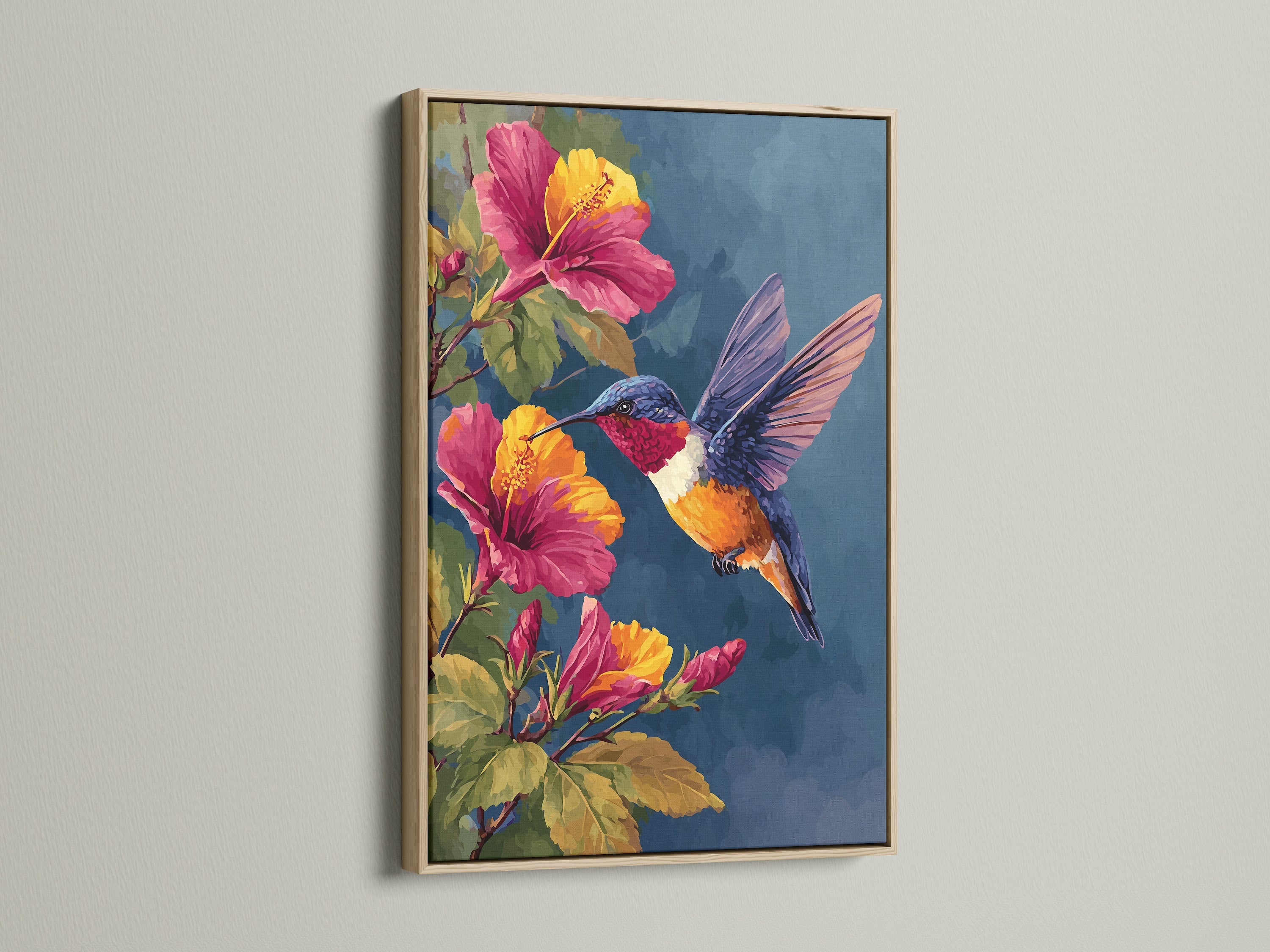 This is a close-up of an oak frame. The artwork inside features a hummingbird and hibiscus flowers. The frame adds a touch of natural warmth to the artwork. A perfect piece for any nature lover.
