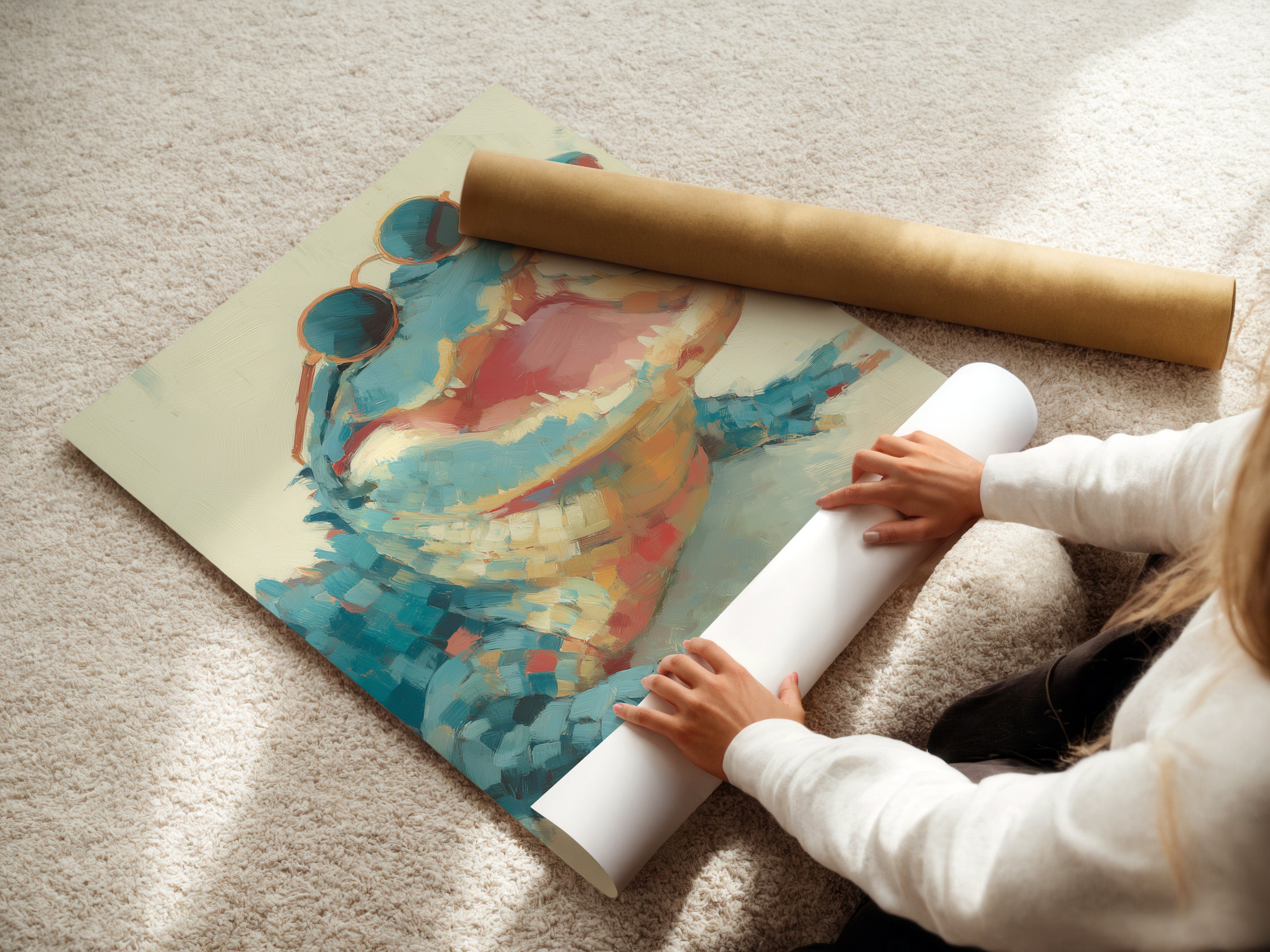 Watch a woman carefully roll fine art poster paper. The delicate process ensures the paper remains pristine. High-quality paper for stunning prints. Each poster is handled with care. Preserve your art with the right paper.