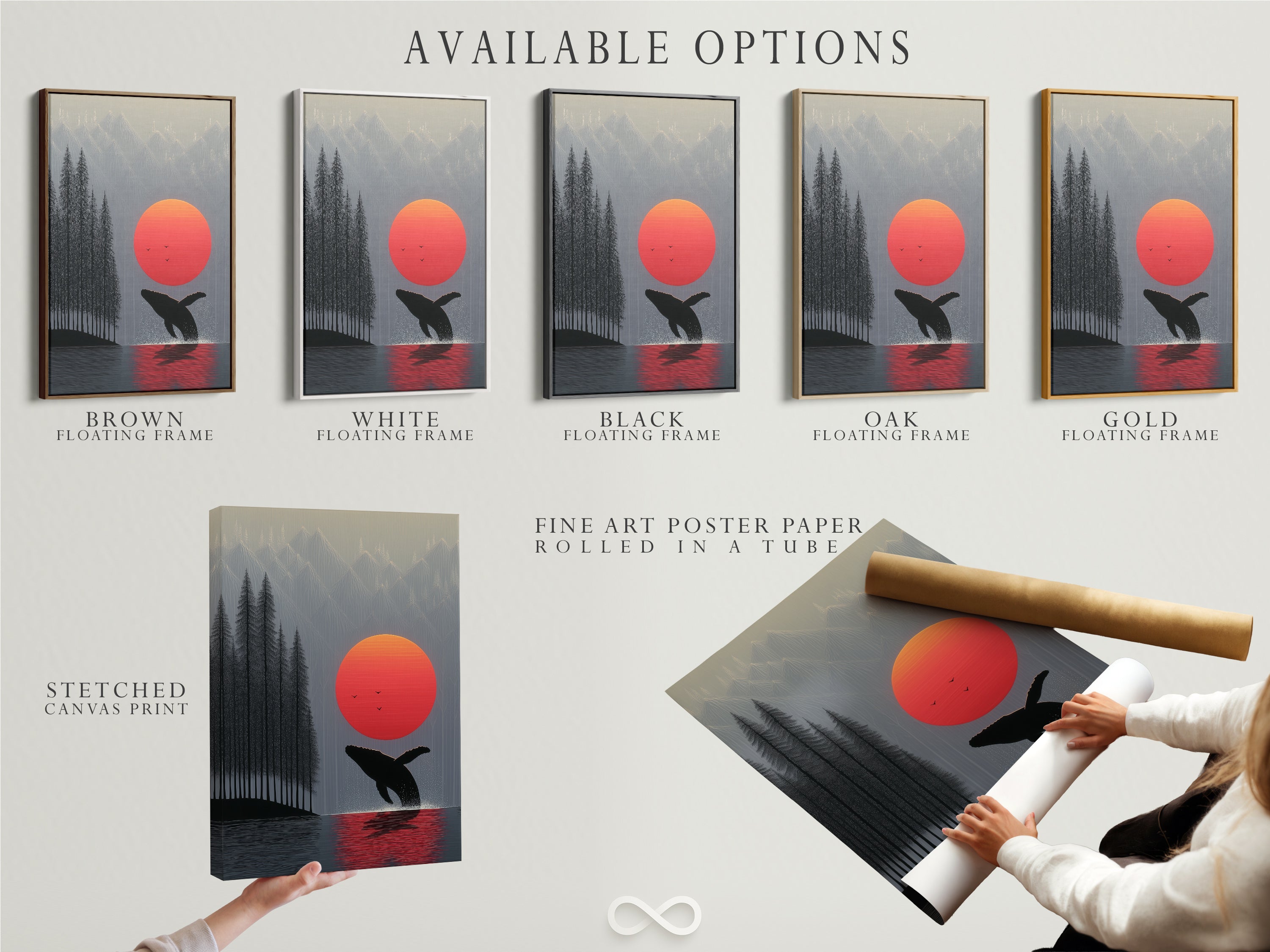 Available options for the Whale Sunset artwork include a stretched canvas print fine art poster paper and a floating frame. Choose the perfect style to match your interior. Find minimalist art and coastal wall art to enhance your home decor today.