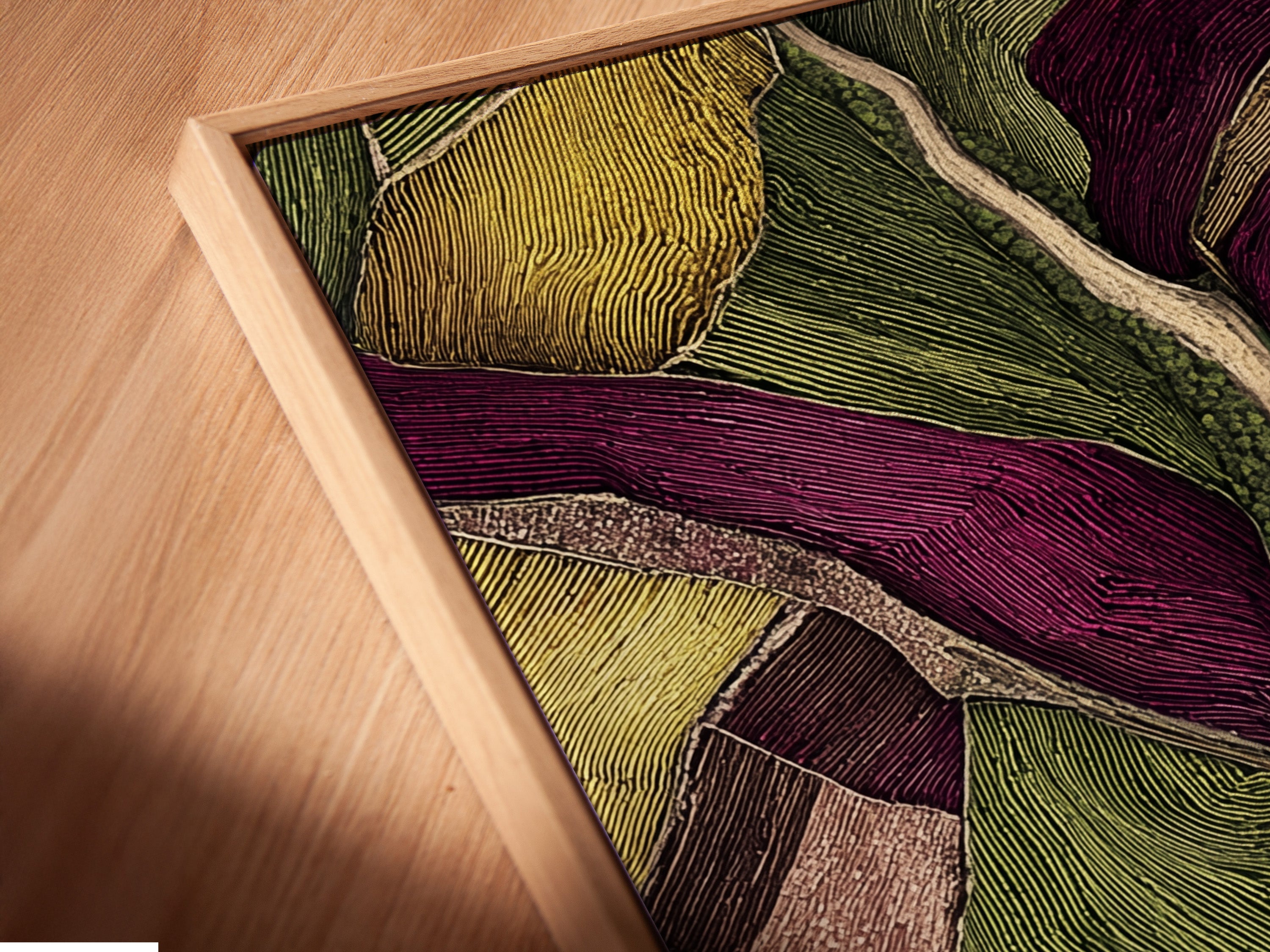 Close-up angled view of a canvas print in a floating frame. The floating frame gives the artwork a modern look. It appears to float within the frame. A unique and stylish way to display art. Discover the floating frame difference.